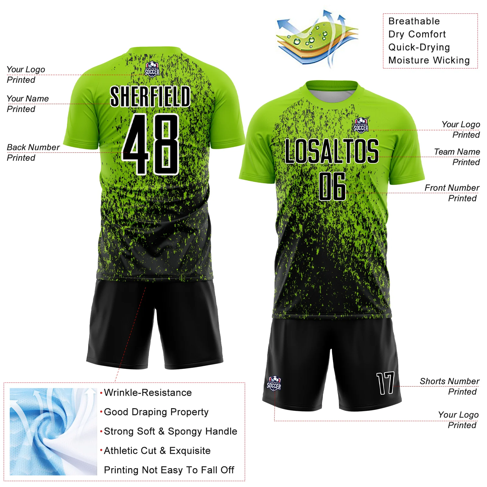 Custom Neon Green Black-White Abstract Fragment Art Sublimation Soccer Uniform Jersey - Image 4