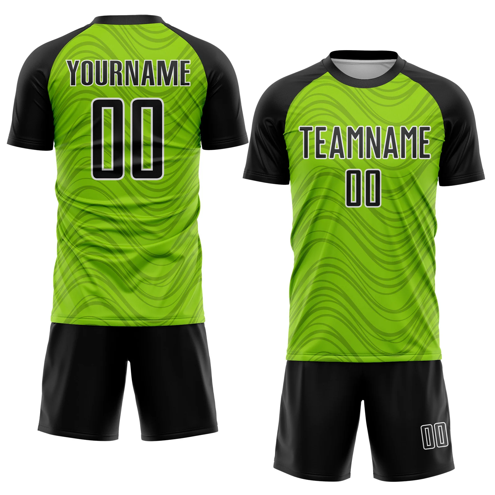 Custom Neon Green Black-White Wavy Lines Sports Sublimation Soccer Uniform Jersey - Image 2