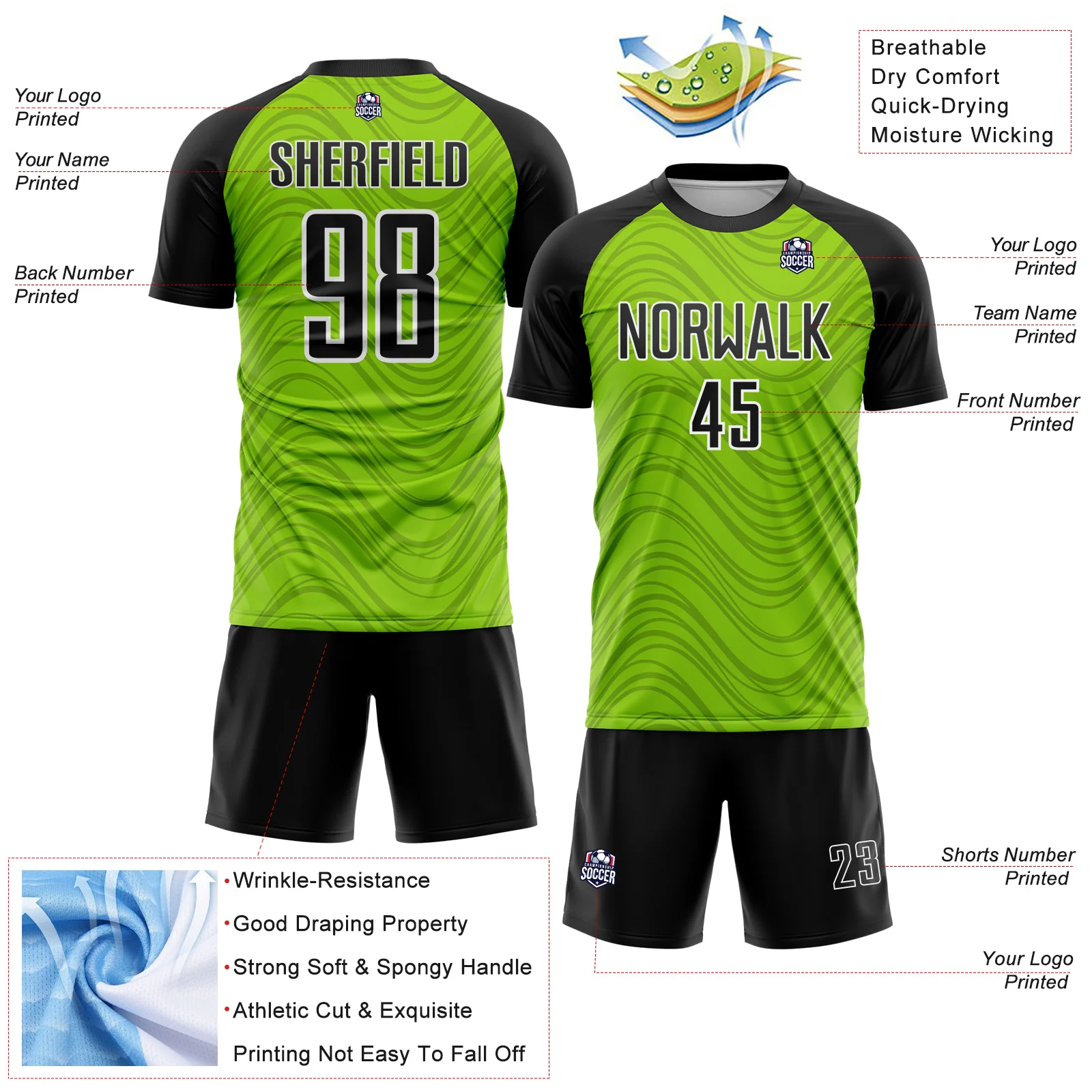 Custom Neon Green Black-White Wavy Lines Sports Sublimation Soccer Uniform Jersey - Image 4