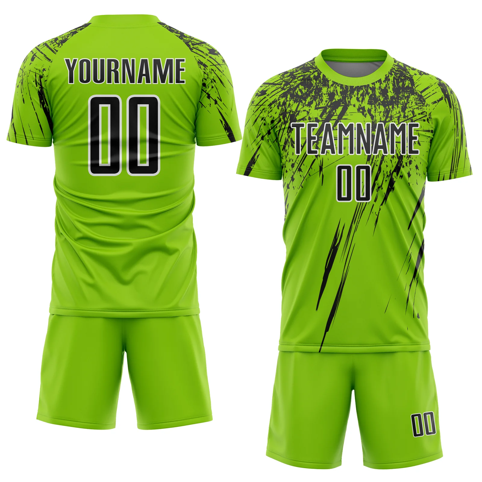Custom Neon Green Black-White Splash Sports Sublimation Soccer Uniform Jersey - Image 2