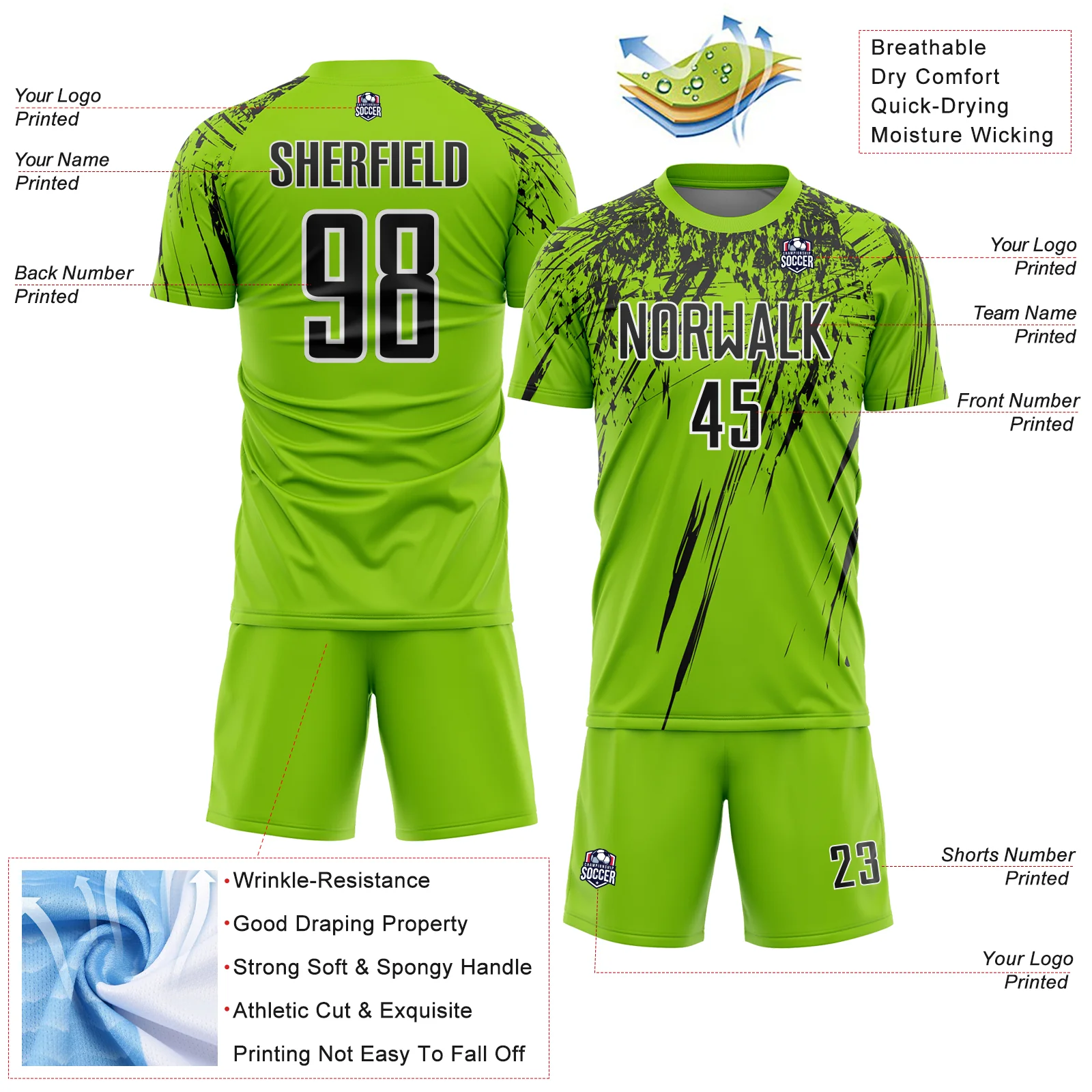 Custom Neon Green Black-White Splash Sports Sublimation Soccer Uniform Jersey - Image 4