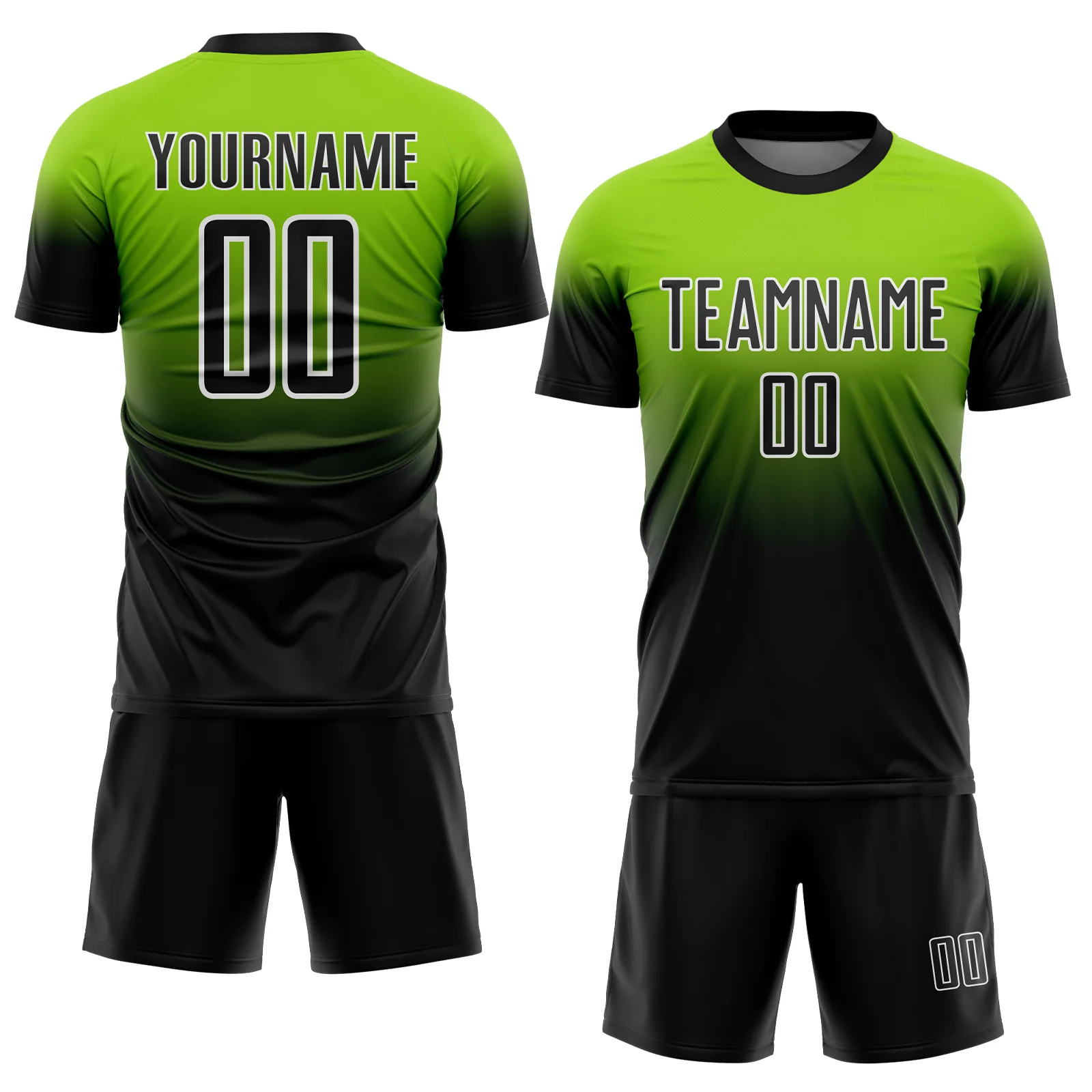Custom Neon Green Black-White Fade Fashion Sublimation Soccer Uniform Jersey - Image 2
