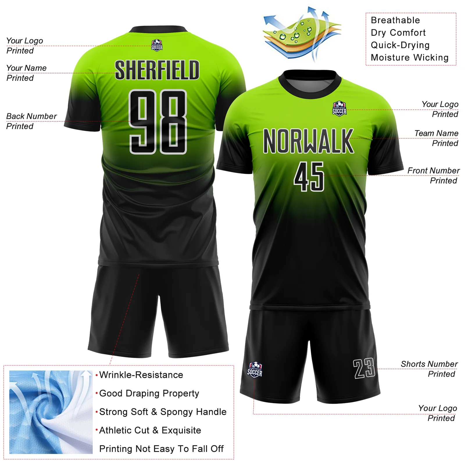 Custom Neon Green Black-White Fade Fashion Sublimation Soccer Uniform Jersey - Image 4