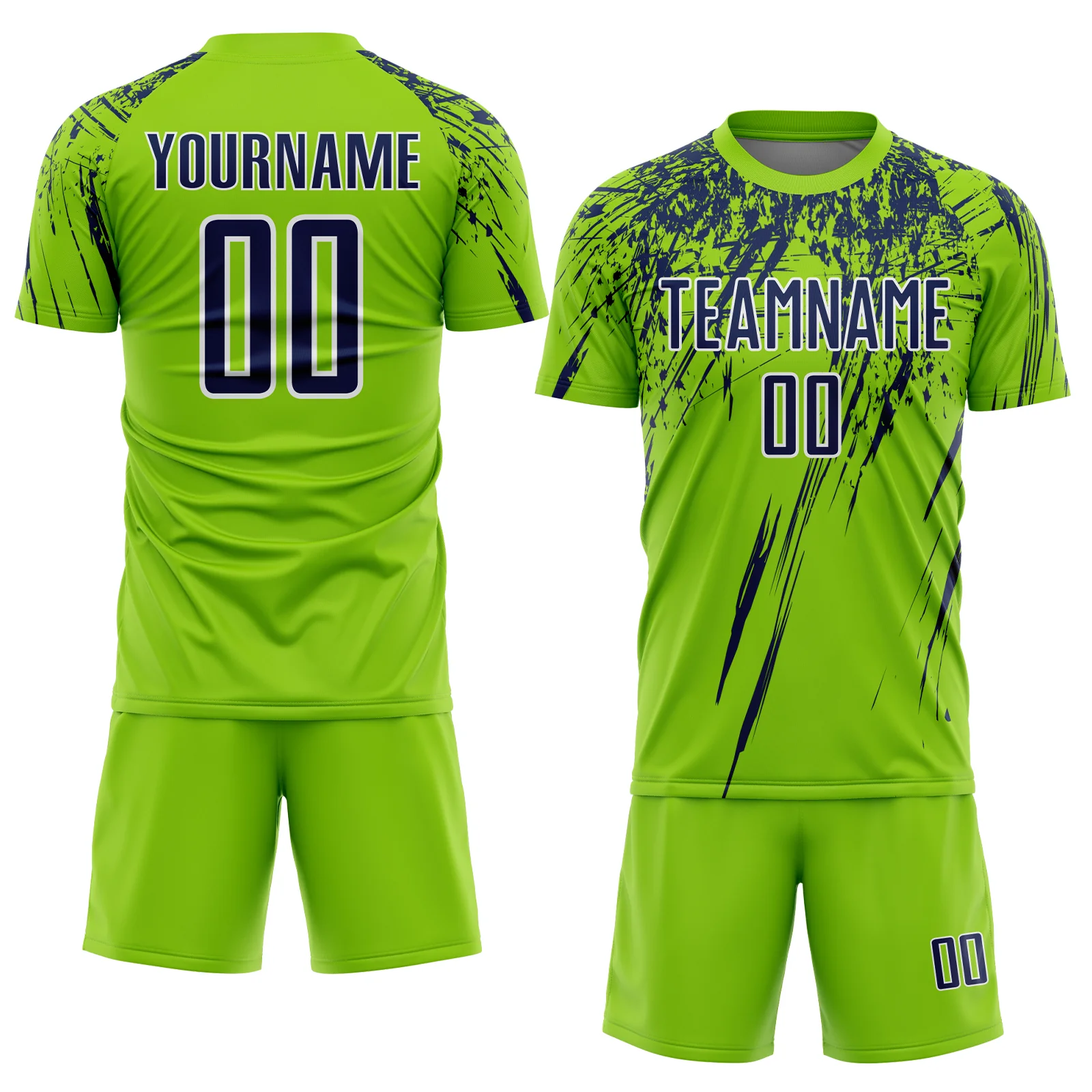Custom Neon Green Navy-White Splash Sports Sublimation Soccer Uniform Jersey - Image 2