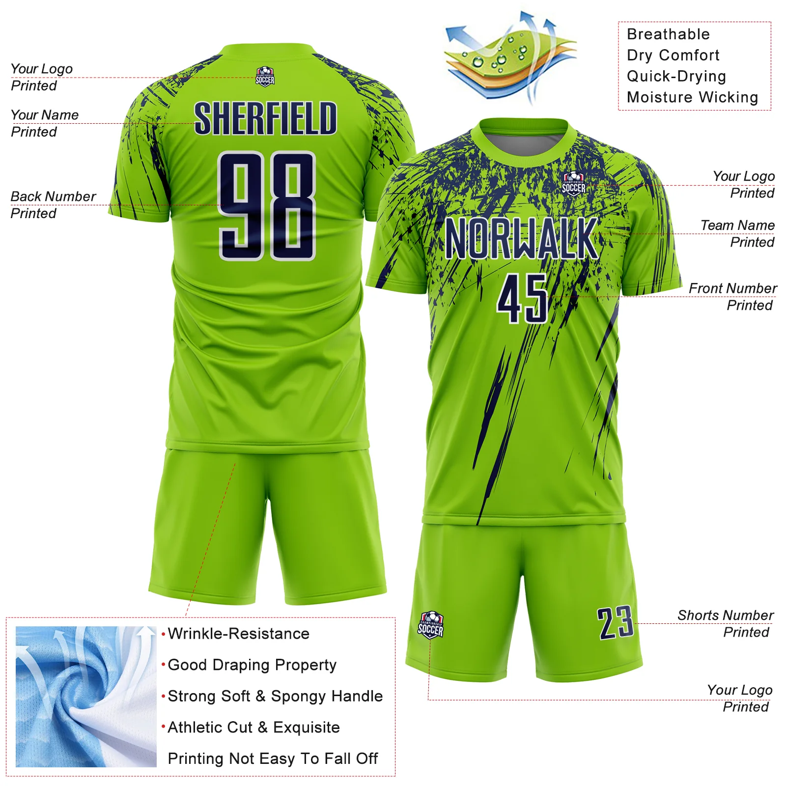 Custom Neon Green Navy-White Splash Sports Sublimation Soccer Uniform Jersey - Image 4