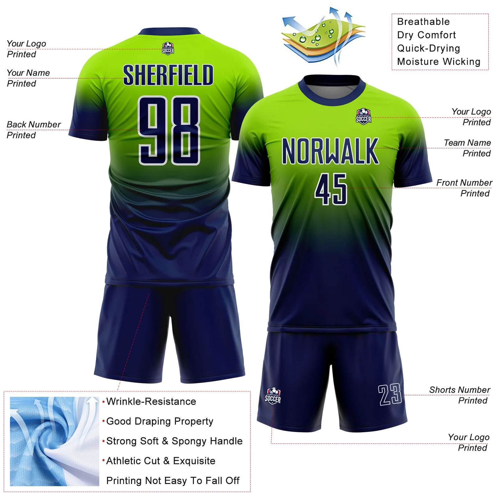 Custom Neon Green Navy-White Fade Fashion Sublimation Soccer Uniform Jersey - Image 4