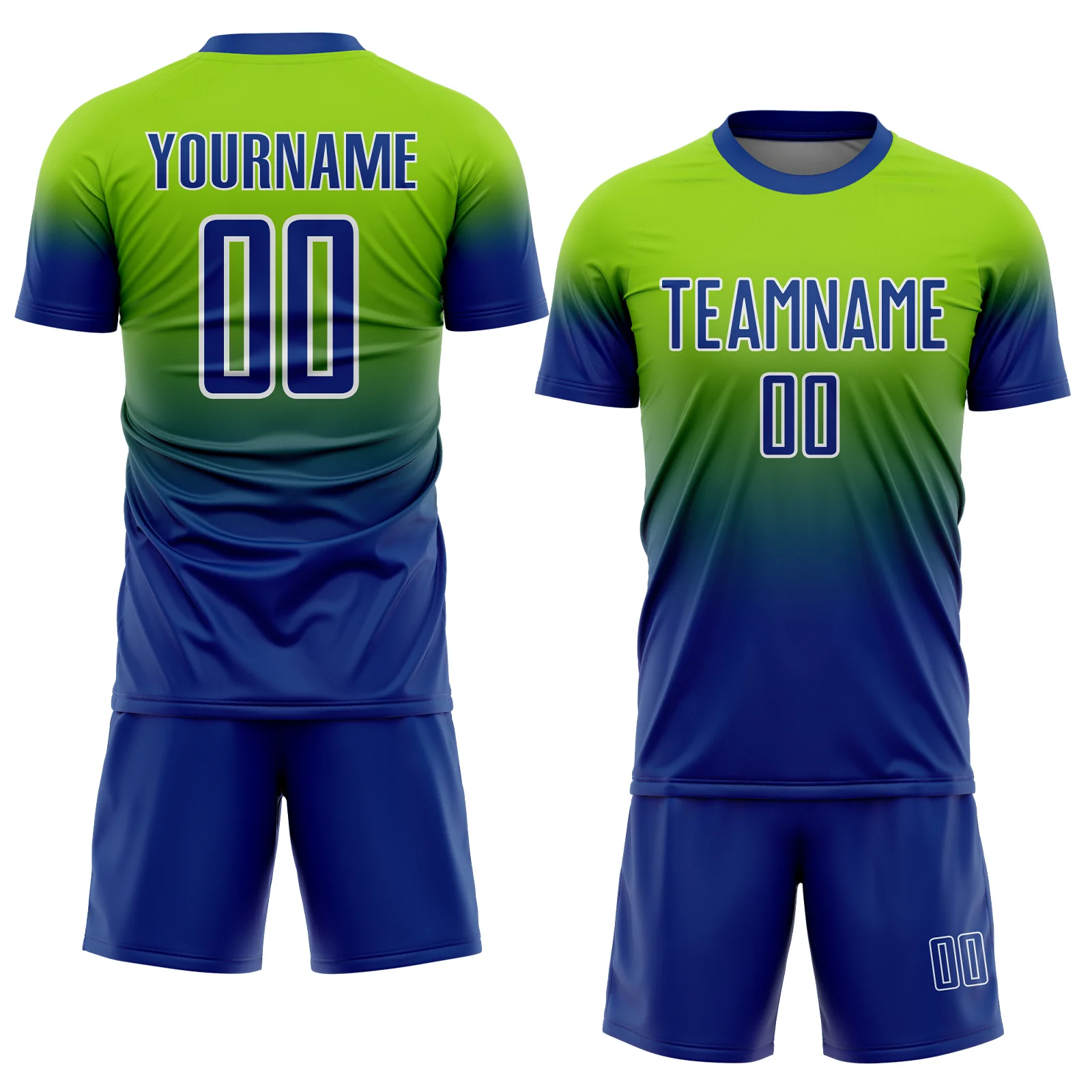 Custom Neon Green Royal-White Fade Fashion Sublimation Soccer Uniform Jersey - Image 2
