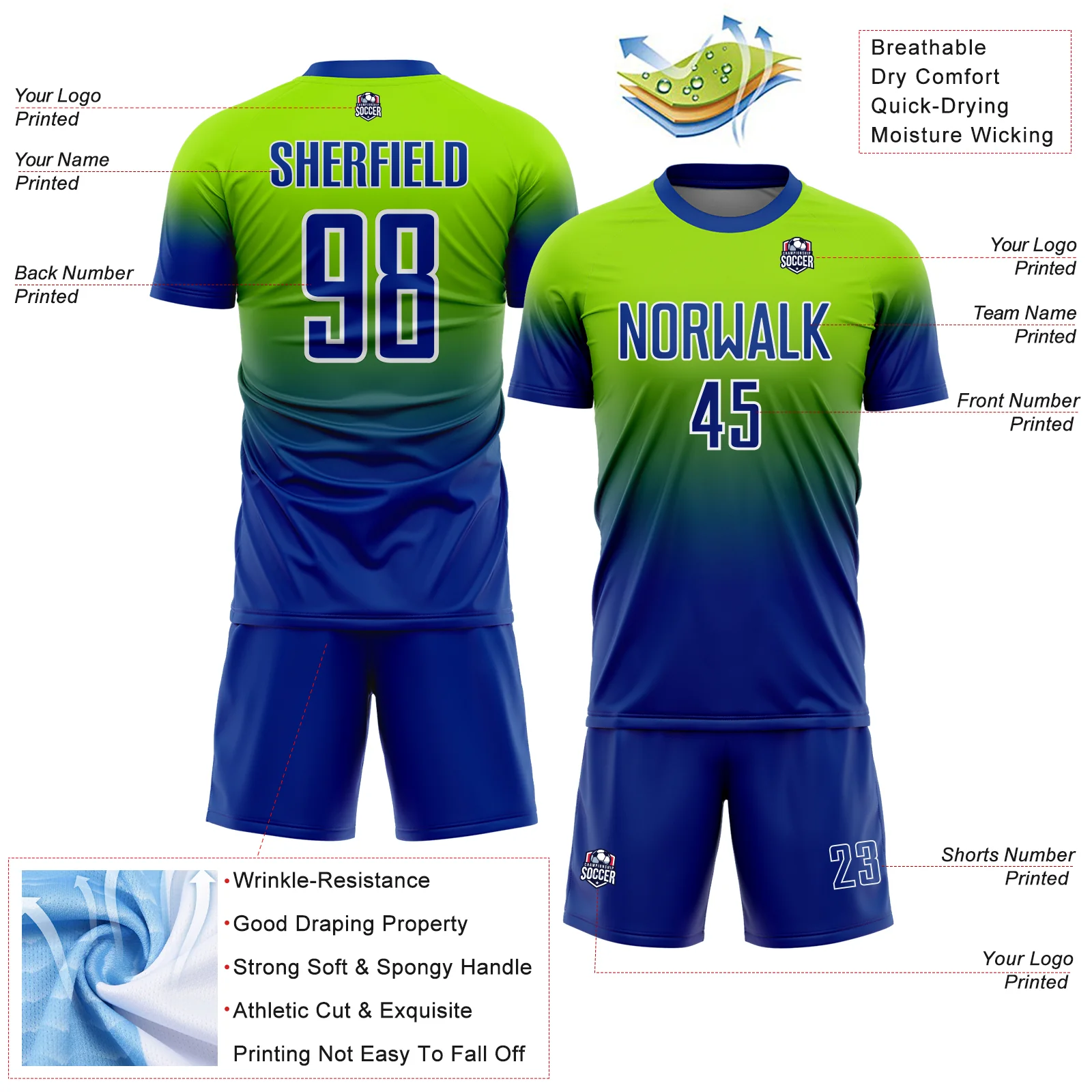 Custom Neon Green Royal-White Fade Fashion Sublimation Soccer Uniform Jersey - Image 4
