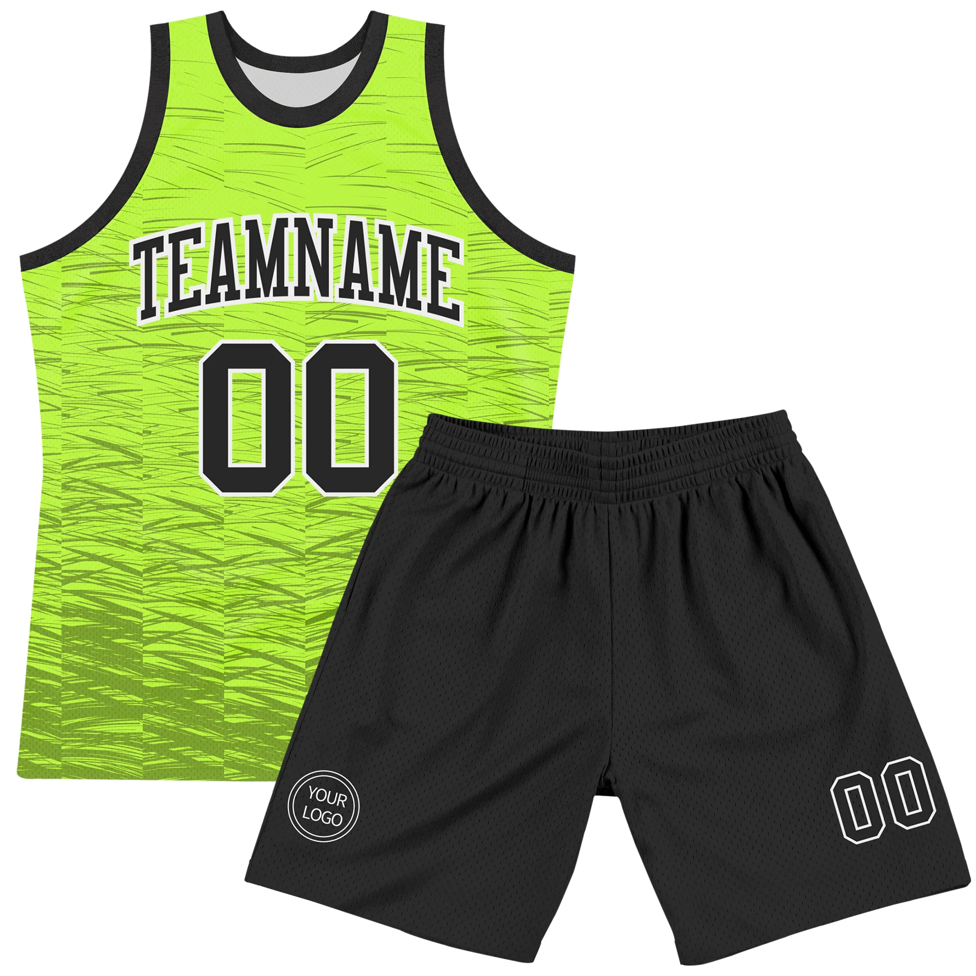 Custom Neon Green Black-White Line Round Neck Sublimation Basketball Suit Jersey - Image 2