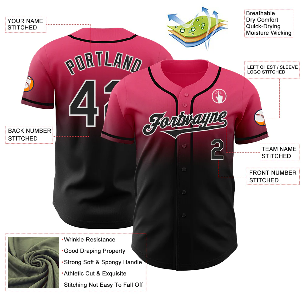 Custom Neon Pink Black-White Authentic Fade Fashion Baseball Jersey - Image 3