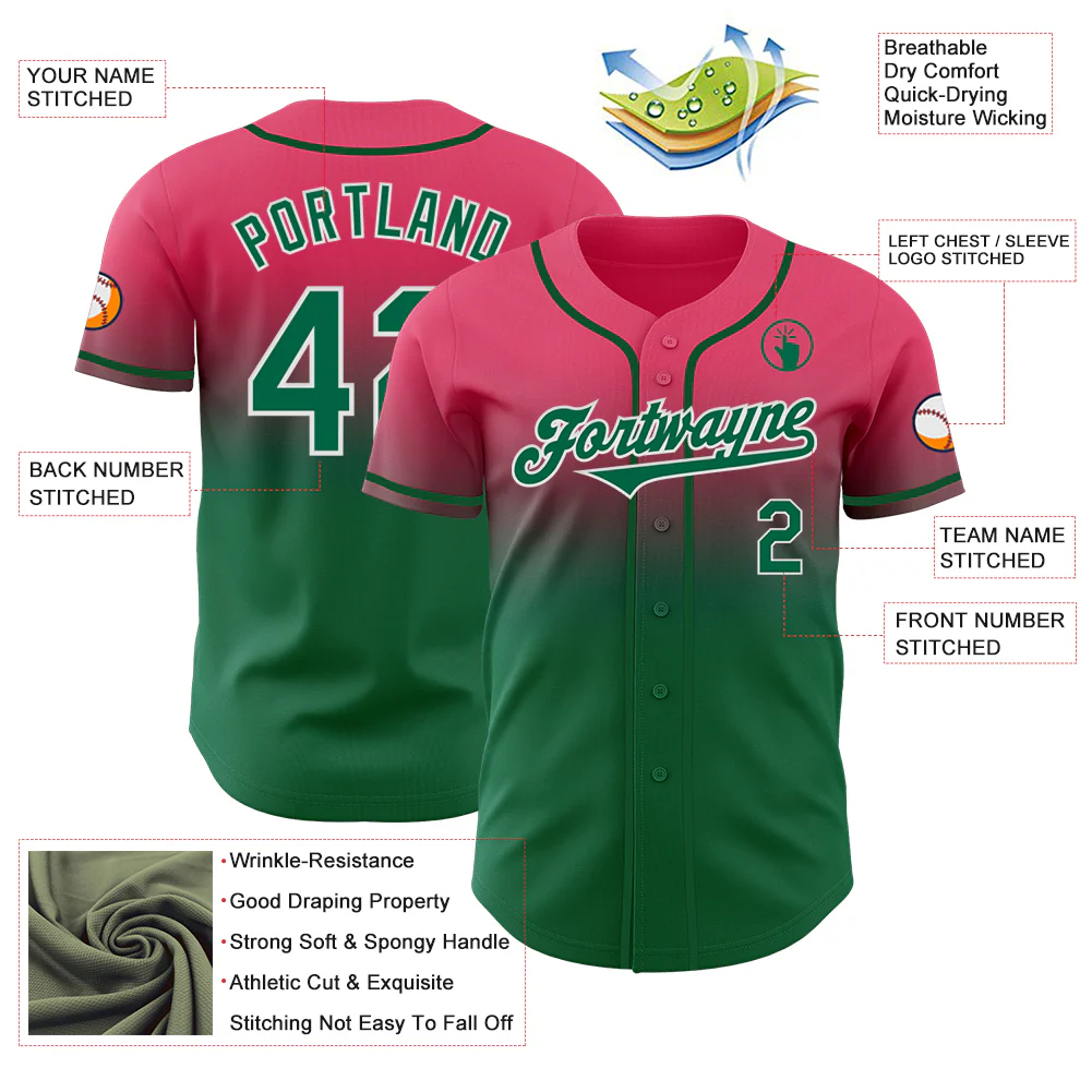 Custom Neon Pink Kelly Green-White Authentic Fade Fashion Baseball Jersey - Image 3