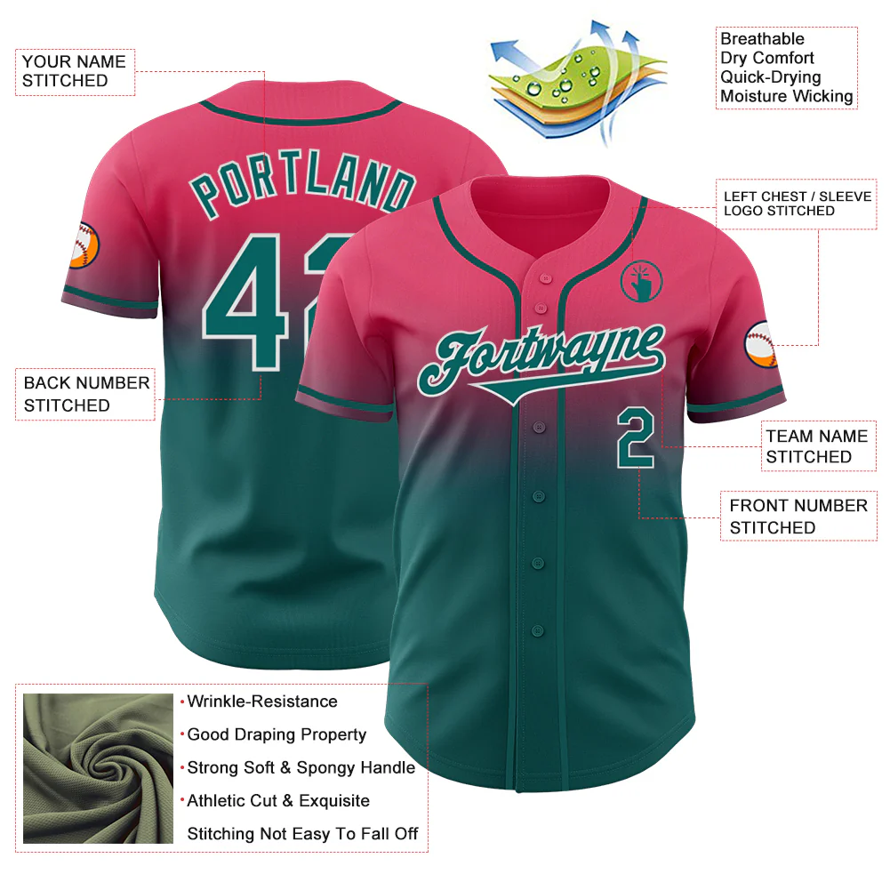 Custom Neon Pink Teal-White Authentic Fade Fashion Baseball Jersey - Image 3