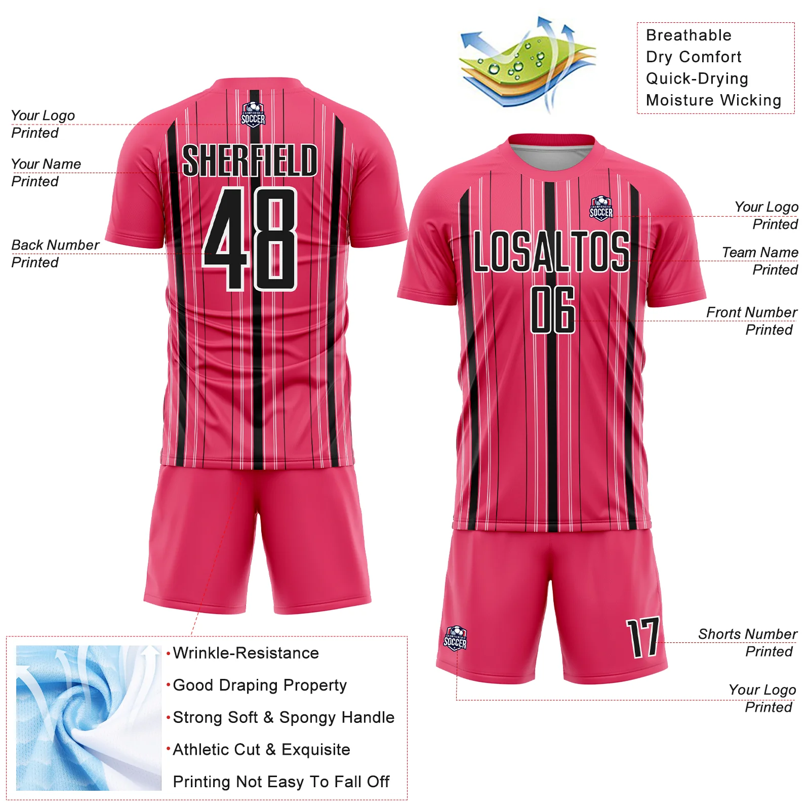 Custom Neon Pink Black-White Stripe Sublimation Soccer Uniform Jersey - Image 4