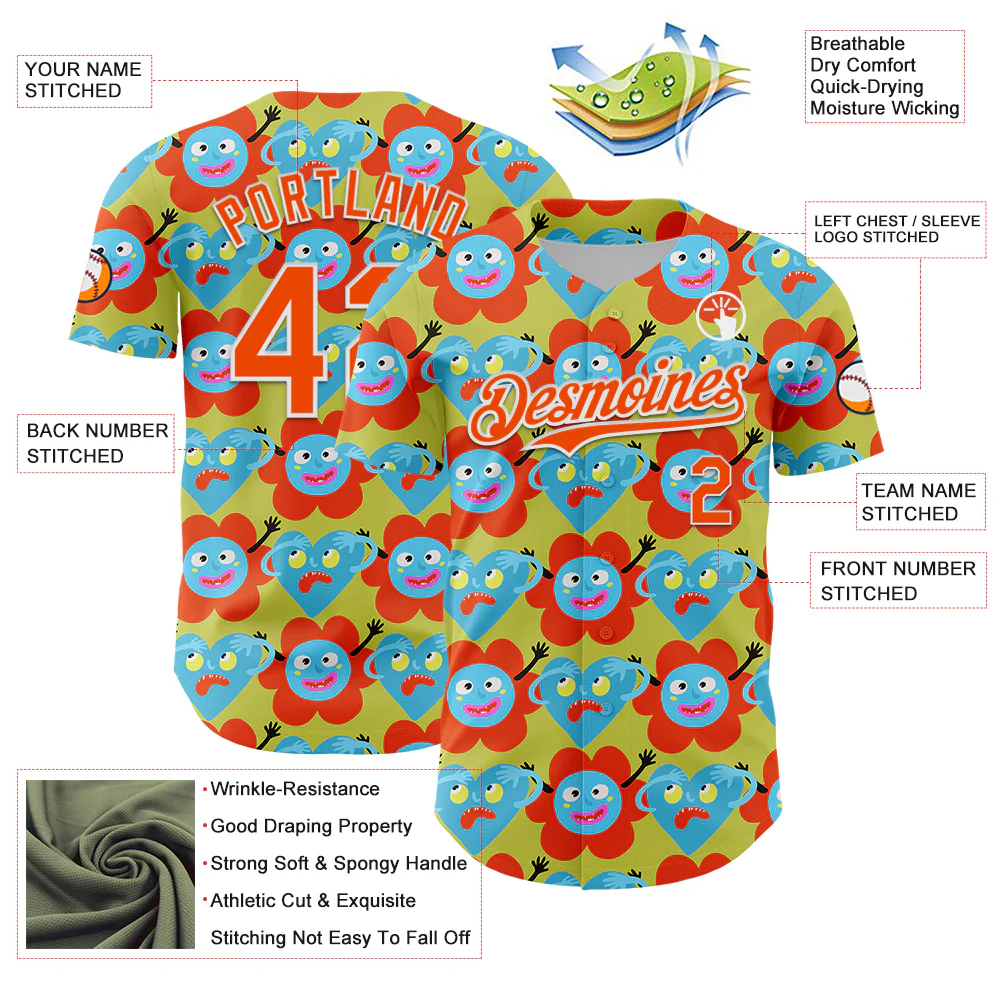 Custom Neon Yellow Orange-White 3D Pattern Design Funny Cartoon Flower And Heart Authentic Baseball Jersey - Image 3