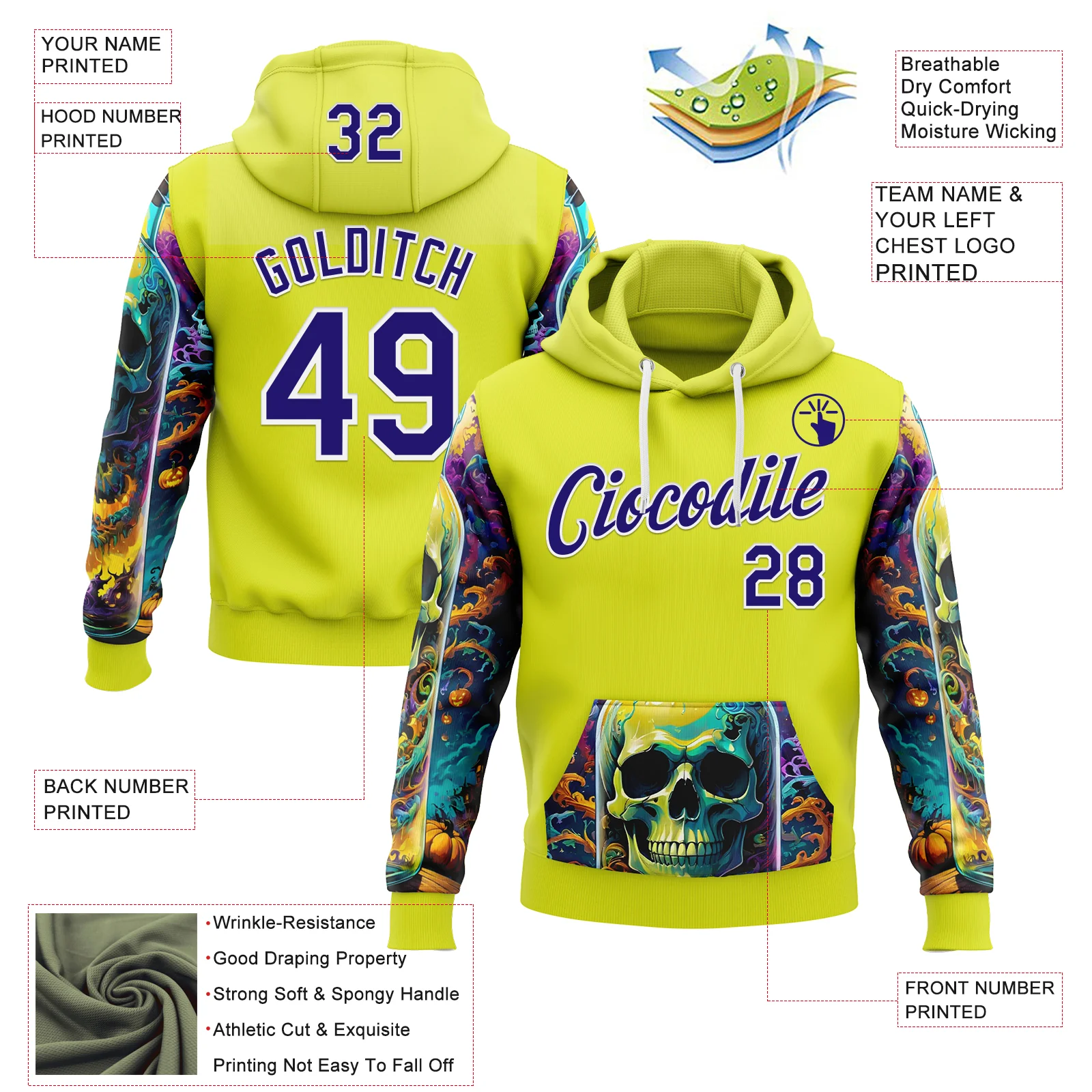 Custom Neon Yellow Dark Purple-White 3D Skull Psychedelic Sports Pullover Sweatshirt Hoodie - Image 2