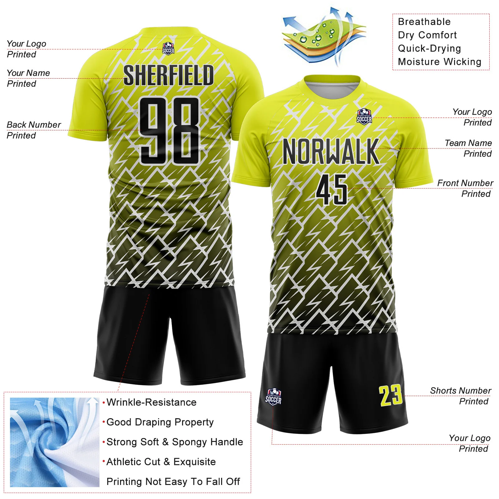 Custom Neon Yellow Black-White Lightning Sports Sublimation Soccer Uniform Jersey - Image 4