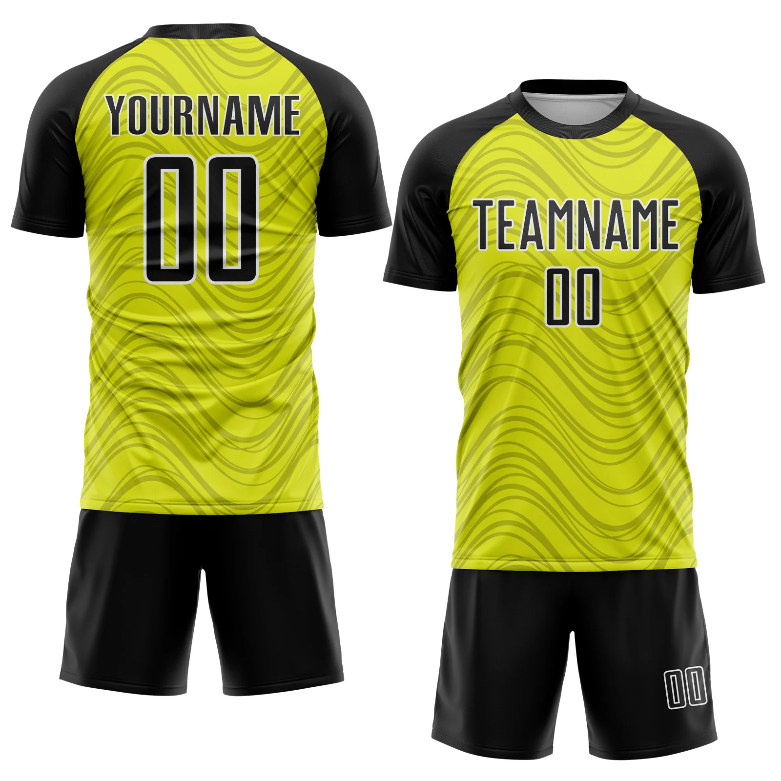 Custom Neon Yellow Black-White Wavy Lines Sports Sublimation Soccer Uniform Jersey - Image 2