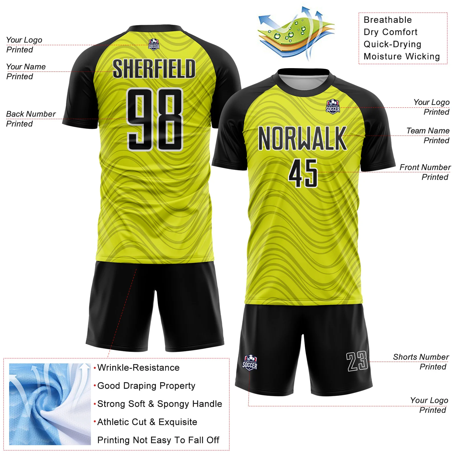Custom Neon Yellow Black-White Wavy Lines Sports Sublimation Soccer Uniform Jersey - Image 4