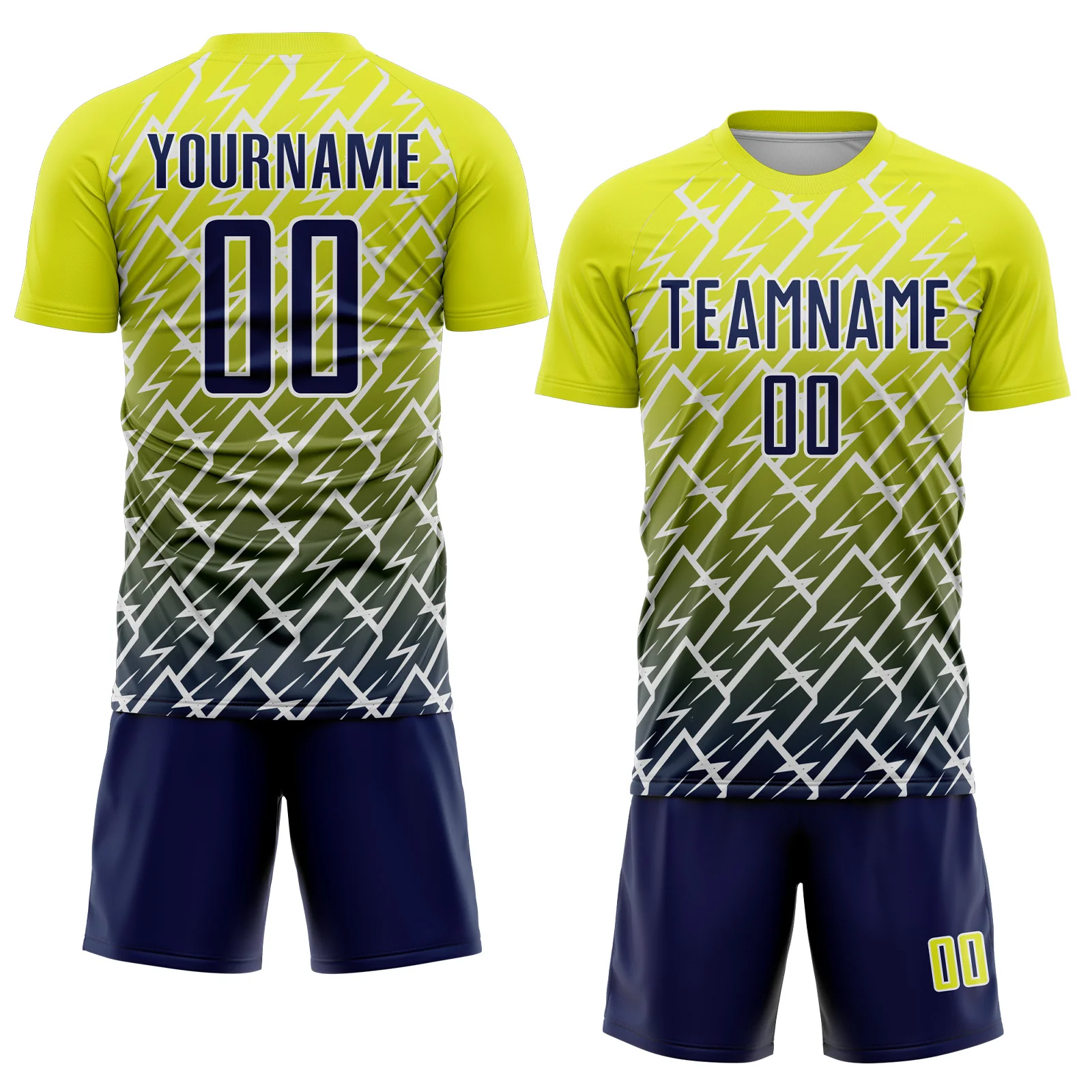 Custom Neon Yellow Navy-White Lightning Sports Sublimation Soccer Uniform Jersey - Image 2