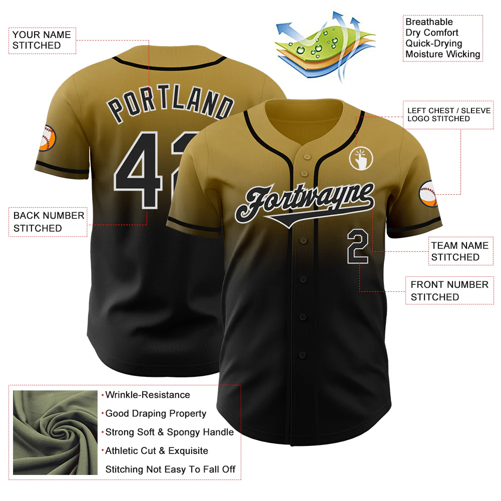Custom Old Gold Black-White Authentic Fade Fashion Baseball Jersey - Image 3