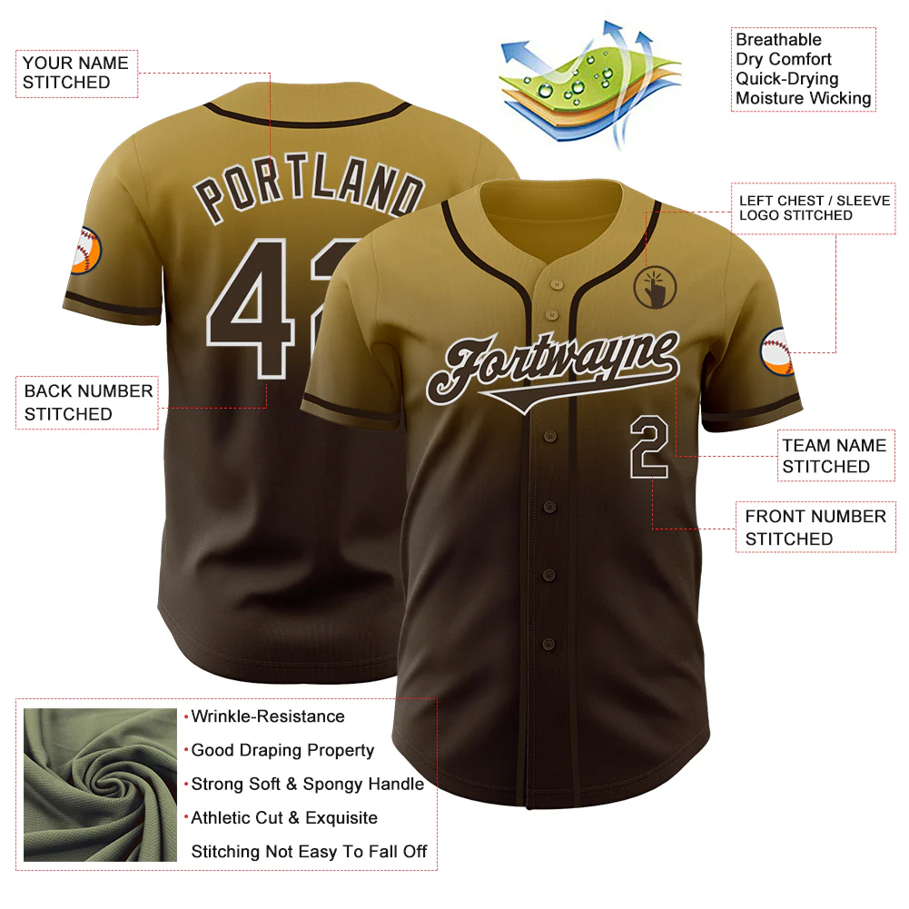 Custom Old Gold Brown-White Authentic Fade Fashion Baseball Jersey - Image 3