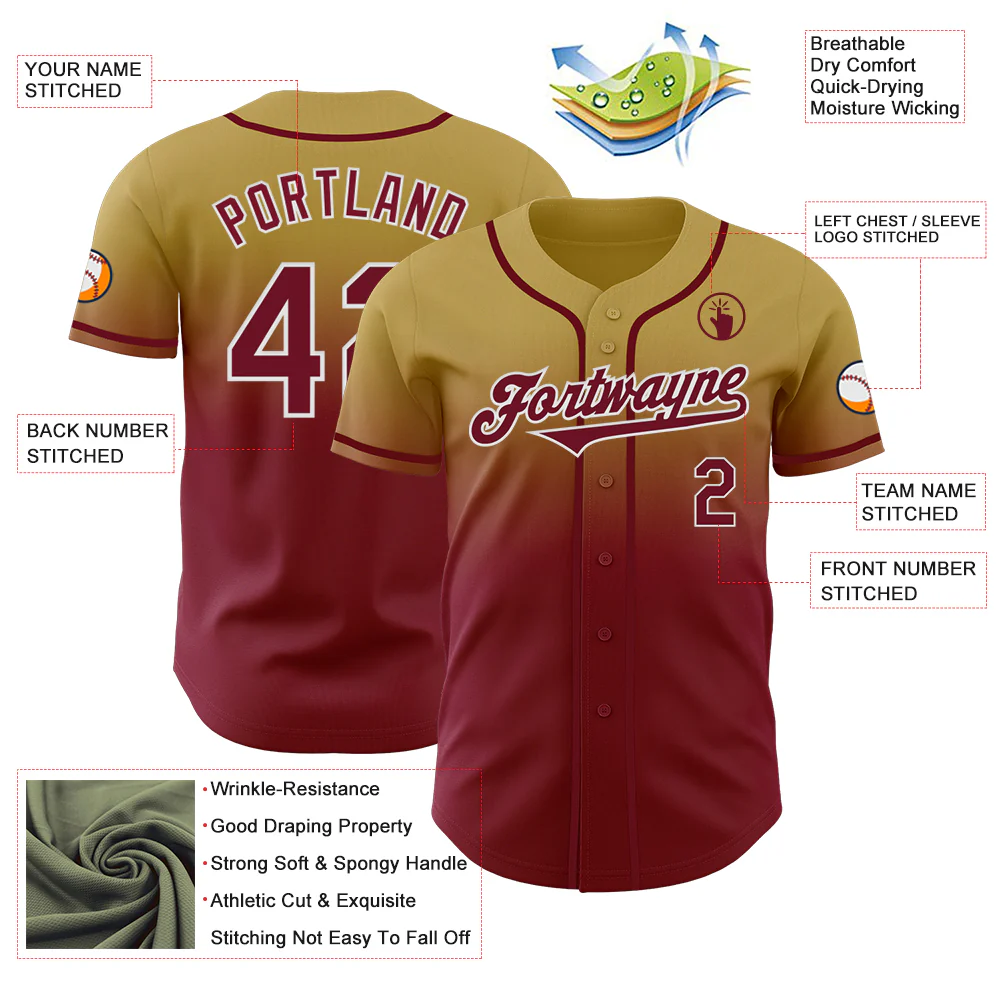 Custom Old Gold Crimson-White Authentic Fade Fashion Baseball Jersey - Image 3