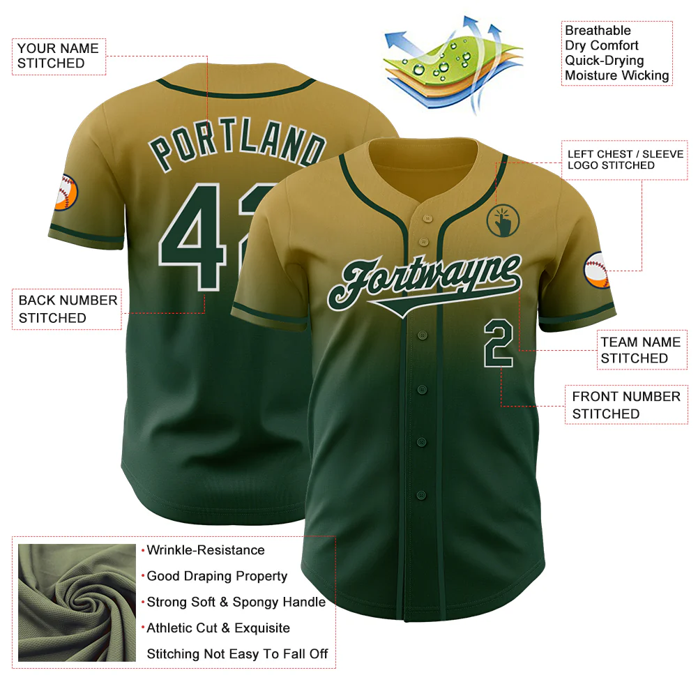 Custom Old Gold Green-White Authentic Fade Fashion Baseball Jersey - Image 3