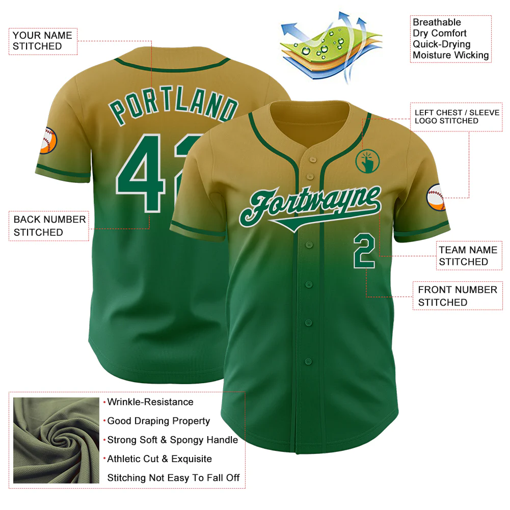 Custom Old Gold Kelly Green-White Authentic Fade Fashion Baseball Jersey - Image 3