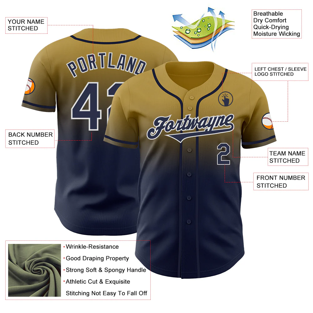 Custom Old Gold Navy-White Authentic Fade Fashion Baseball Jersey - Image 3