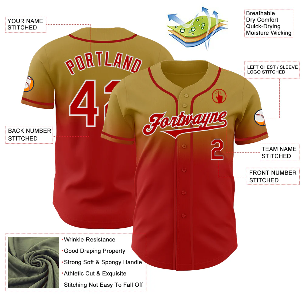 Custom Old Gold Red-White Authentic Fade Fashion Baseball Jersey - Image 3