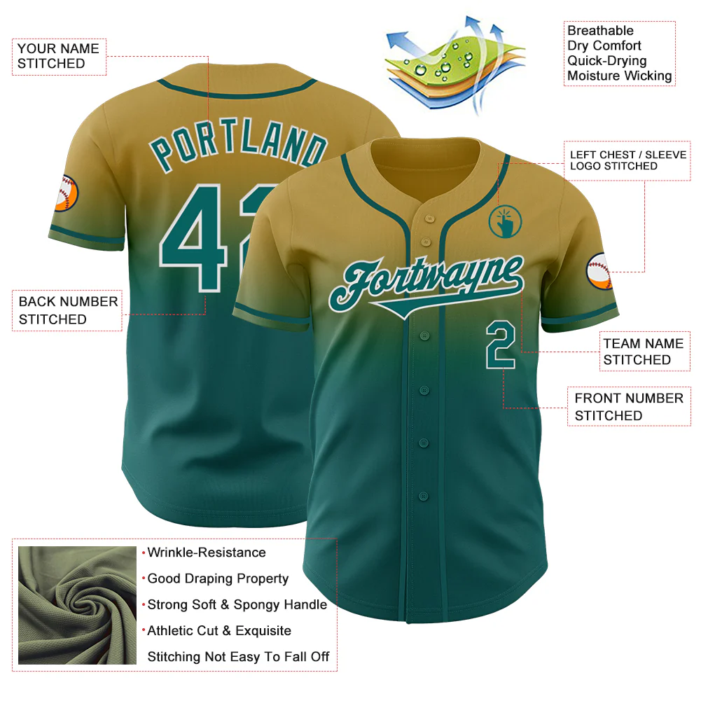 Custom Old Gold Teal-White Authentic Fade Fashion Baseball Jersey - Image 3