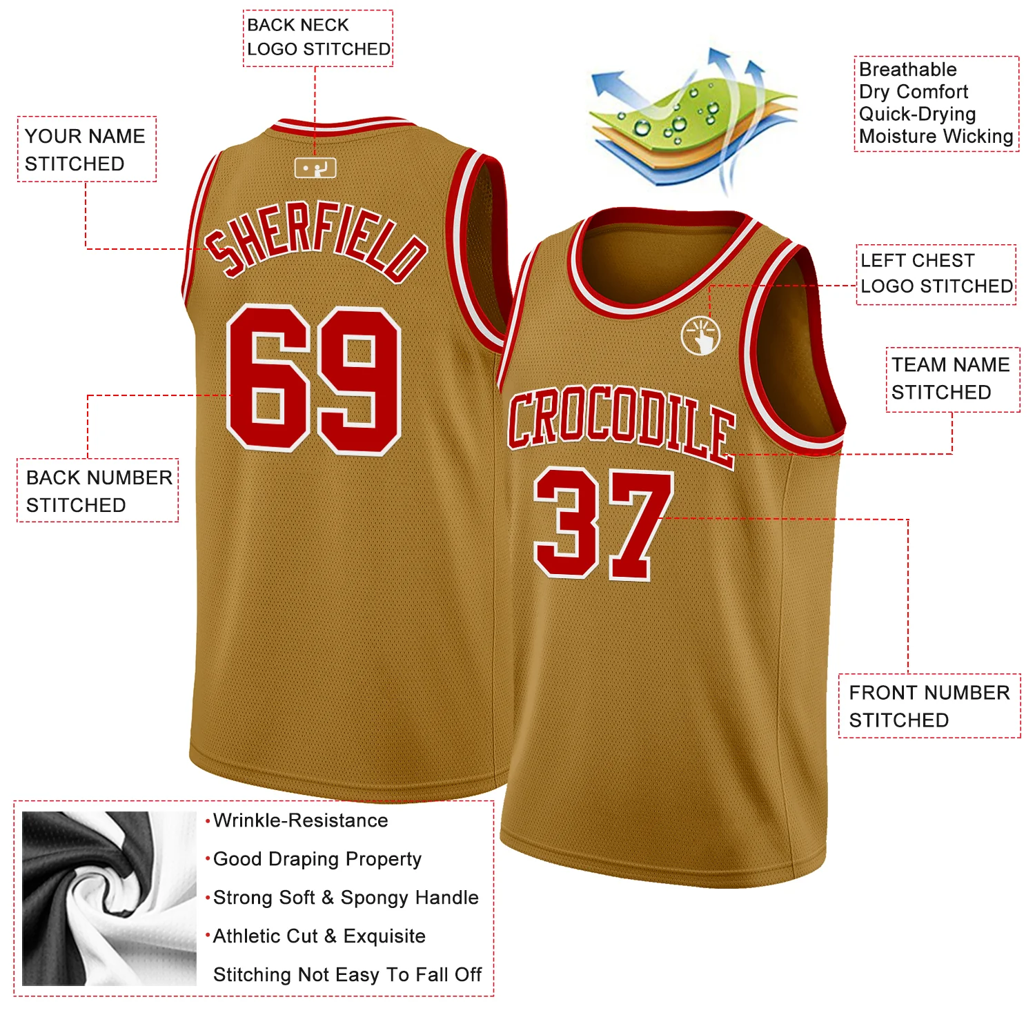 Custom Old Gold Red-White Authentic Basketball Jersey - Image 2