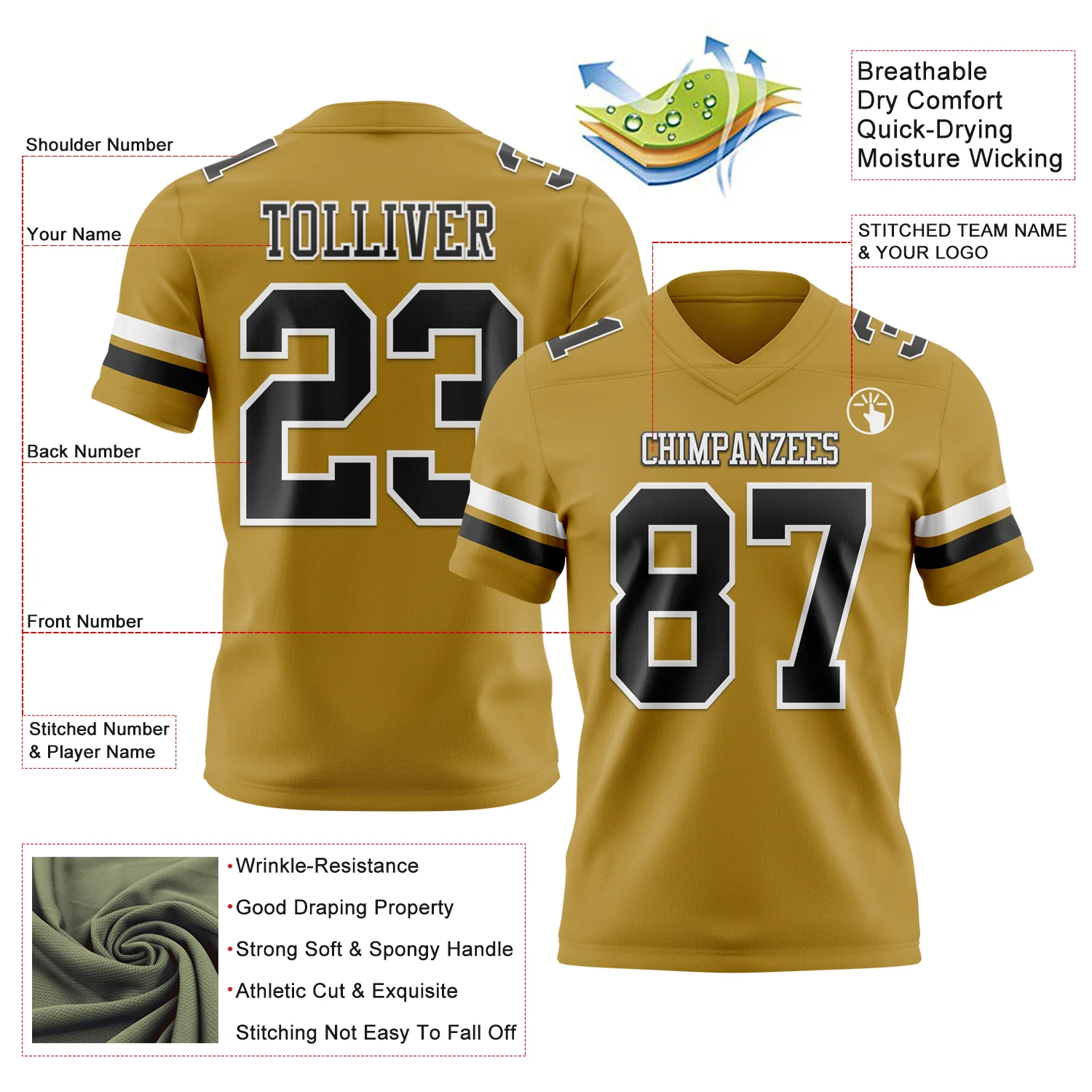 Custom Old Gold Black-White Authentic Football Jersey - Image 3