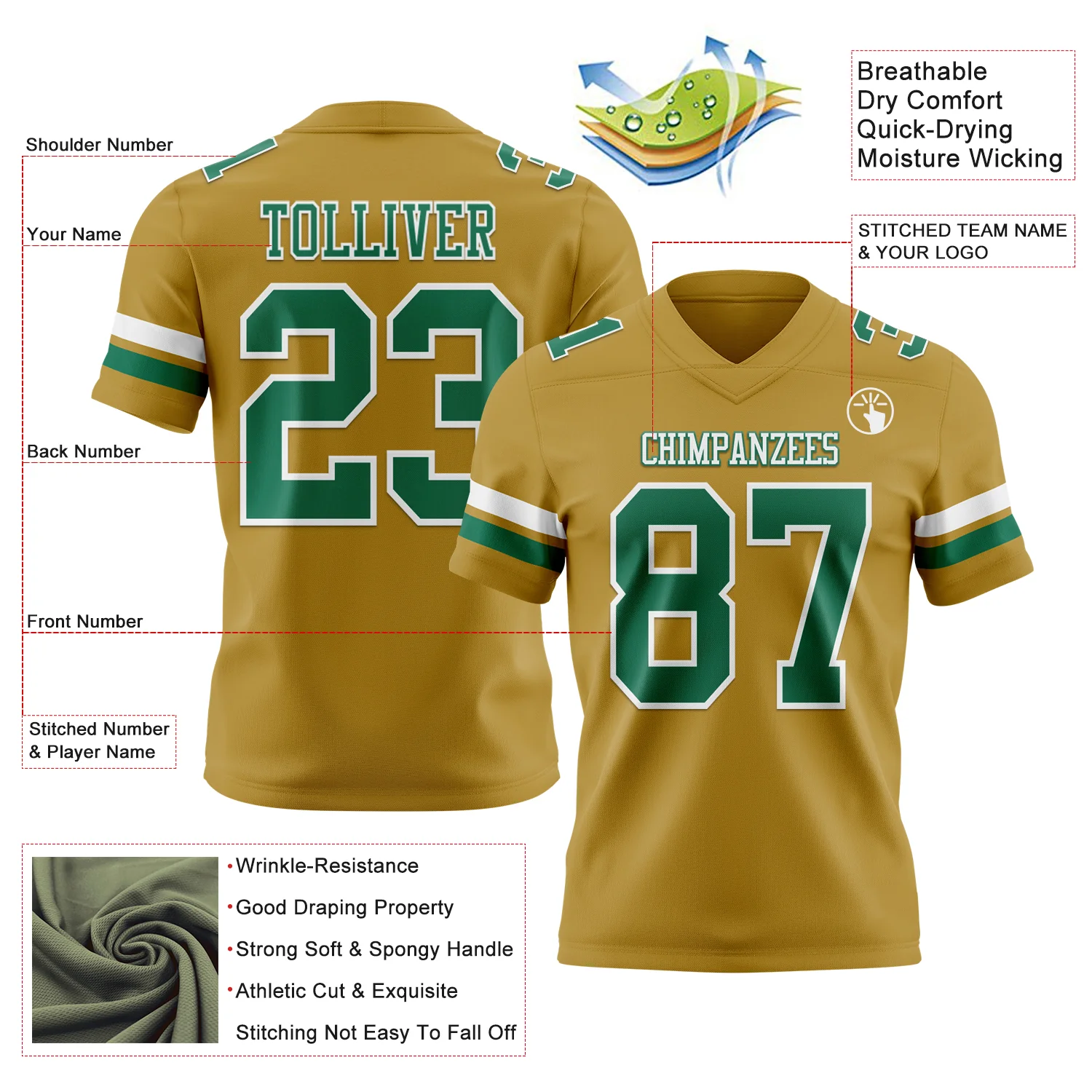 Custom Old Gold Kelly Green-White Authentic Football Jersey - Image 3