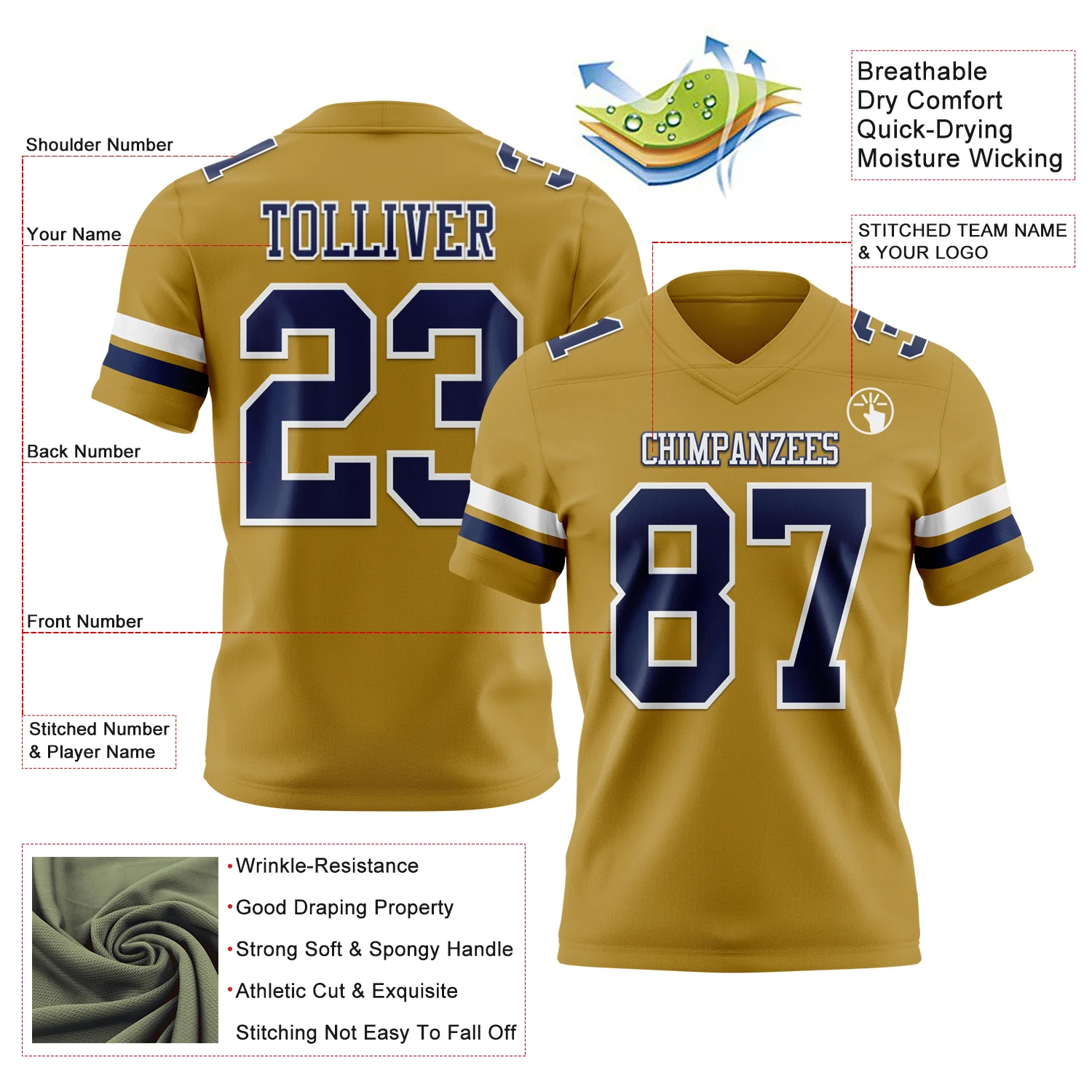 Custom Old Gold Navy-White Authentic Football Jersey - Image 3