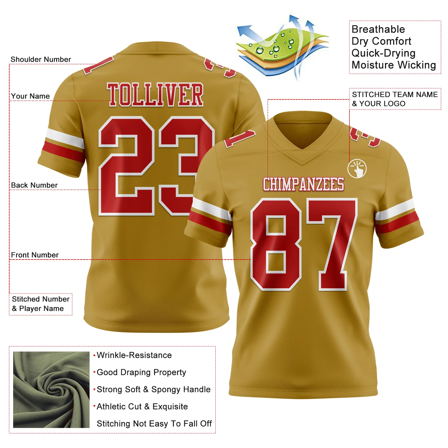 Custom Old Gold Red-White Authentic Football Jersey - Image 3