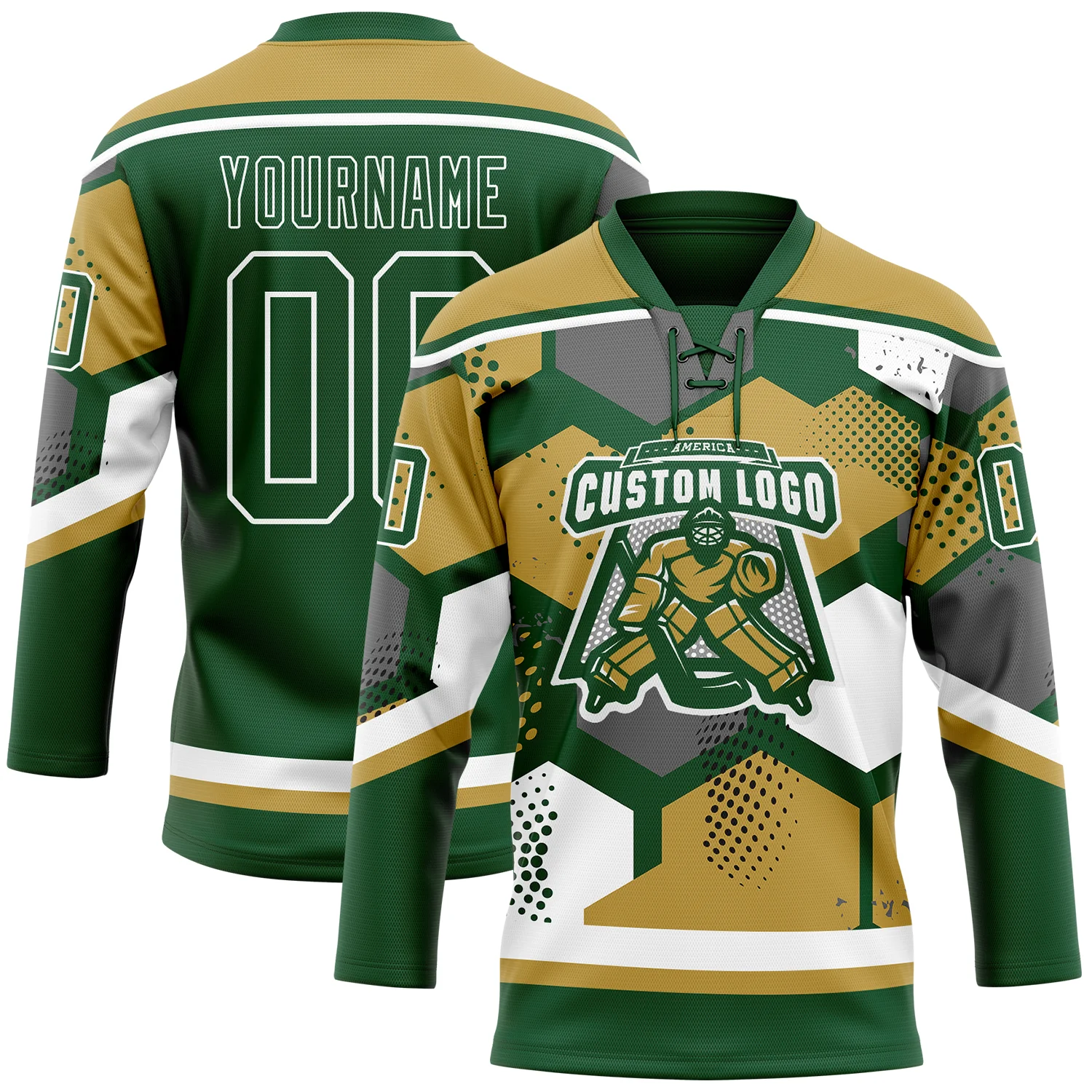Custom Old Gold Green-White 3D Pattern Geometric Shape Hockey Lace Neck Jersey - Image 2