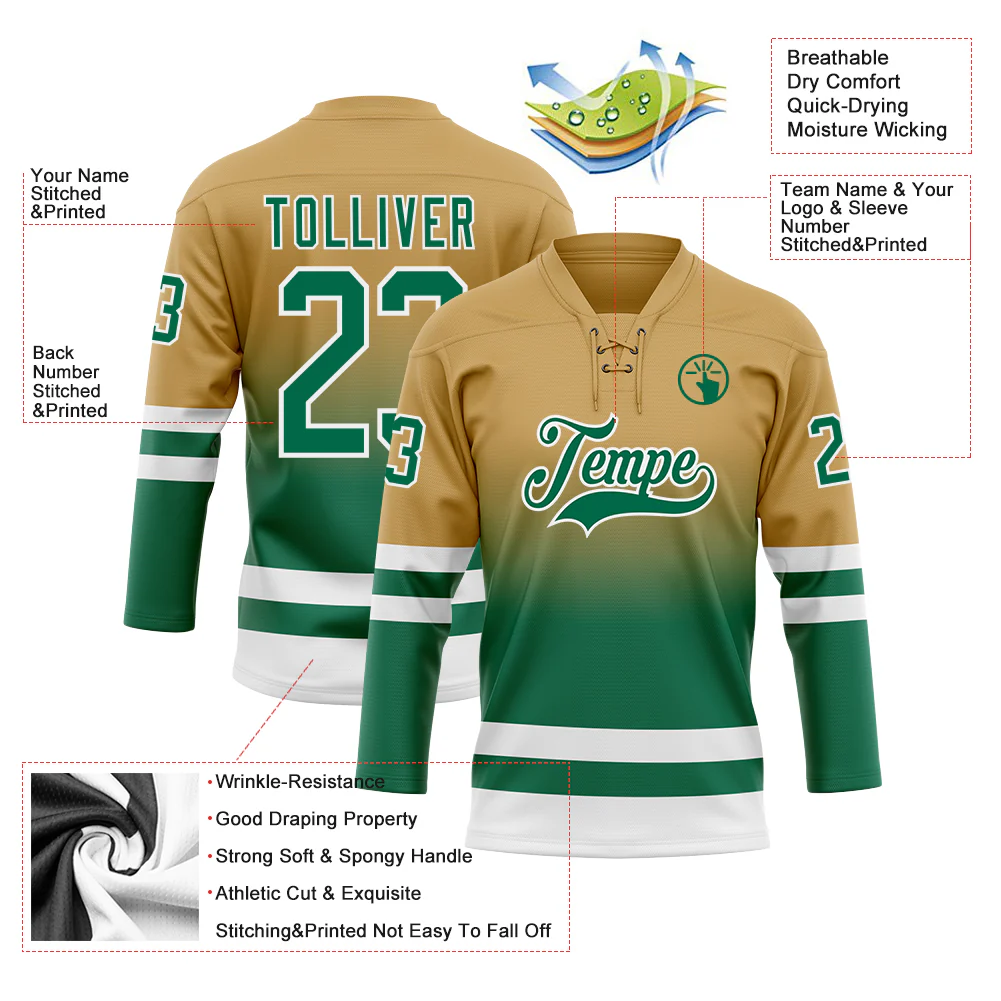 Custom Old Gold Kelly Green-White Fade Fashion Hockey Lace Neck Jersey - Image 5