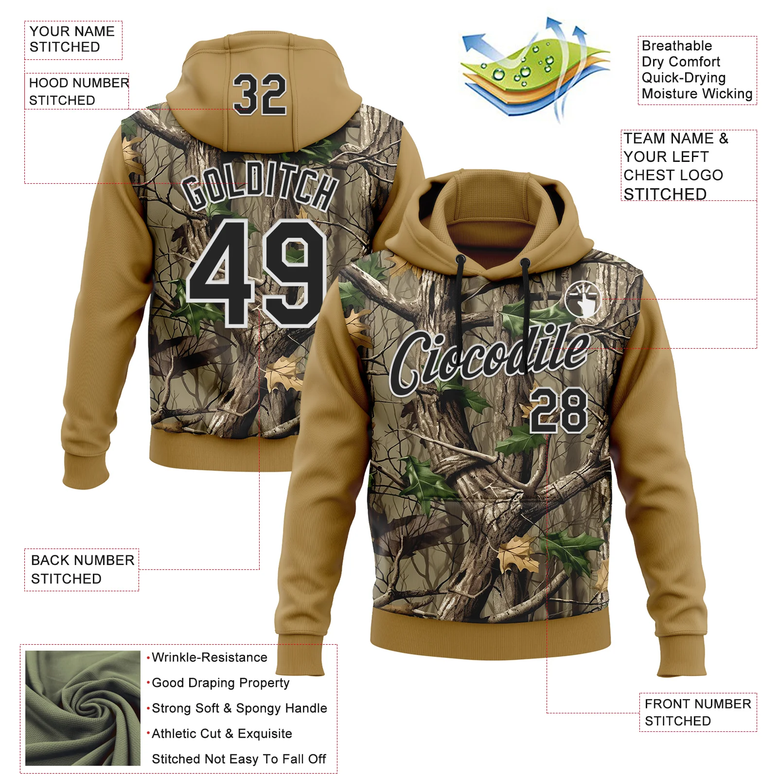Custom Stitched Old Gold Black-White 3D Pattern Design Tree Camo Hunting Sports Pullover Sweatshirt Hoodie - Image 2