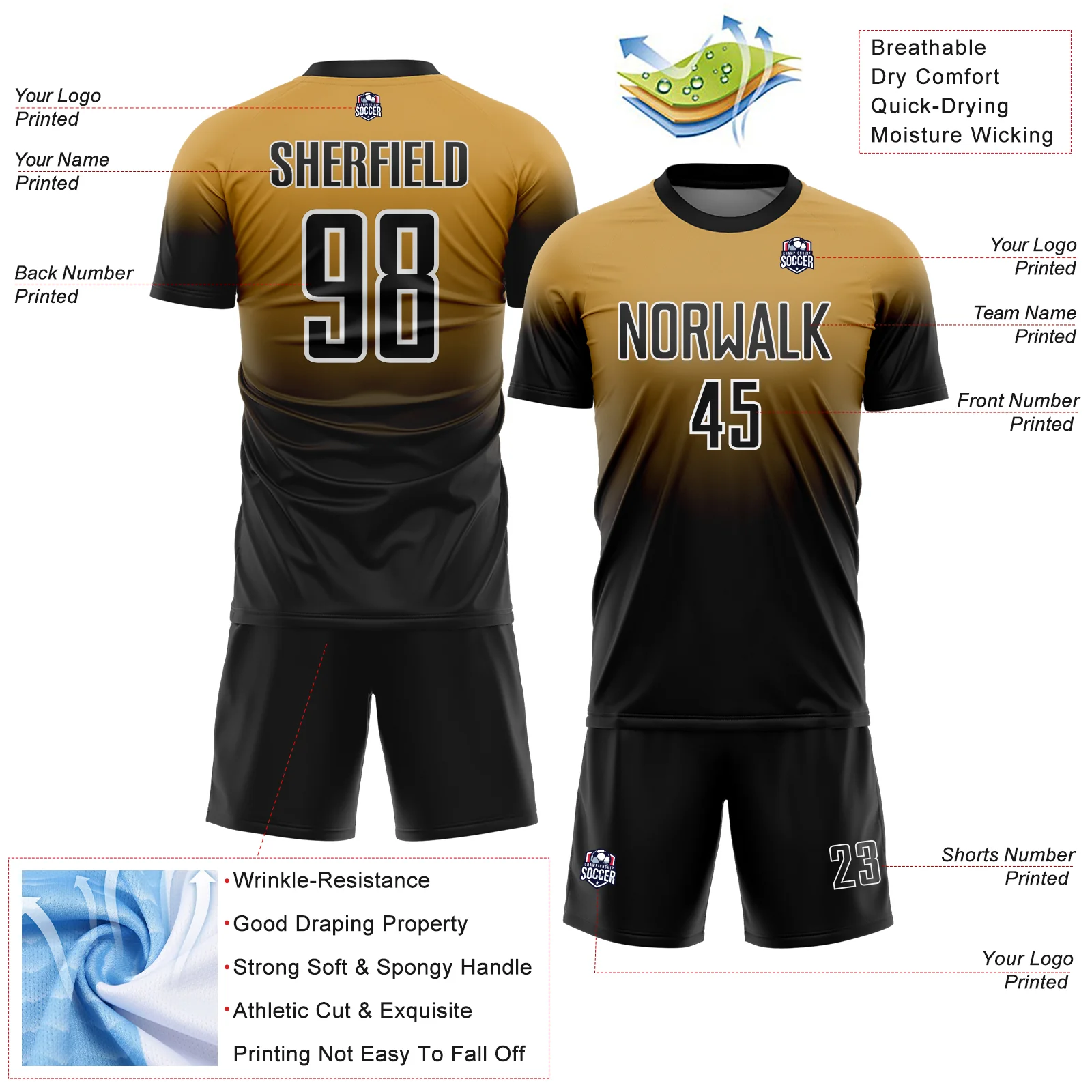 Custom Old Gold Black-White Fade Fashion Sublimation Soccer Uniform Jersey - Image 4