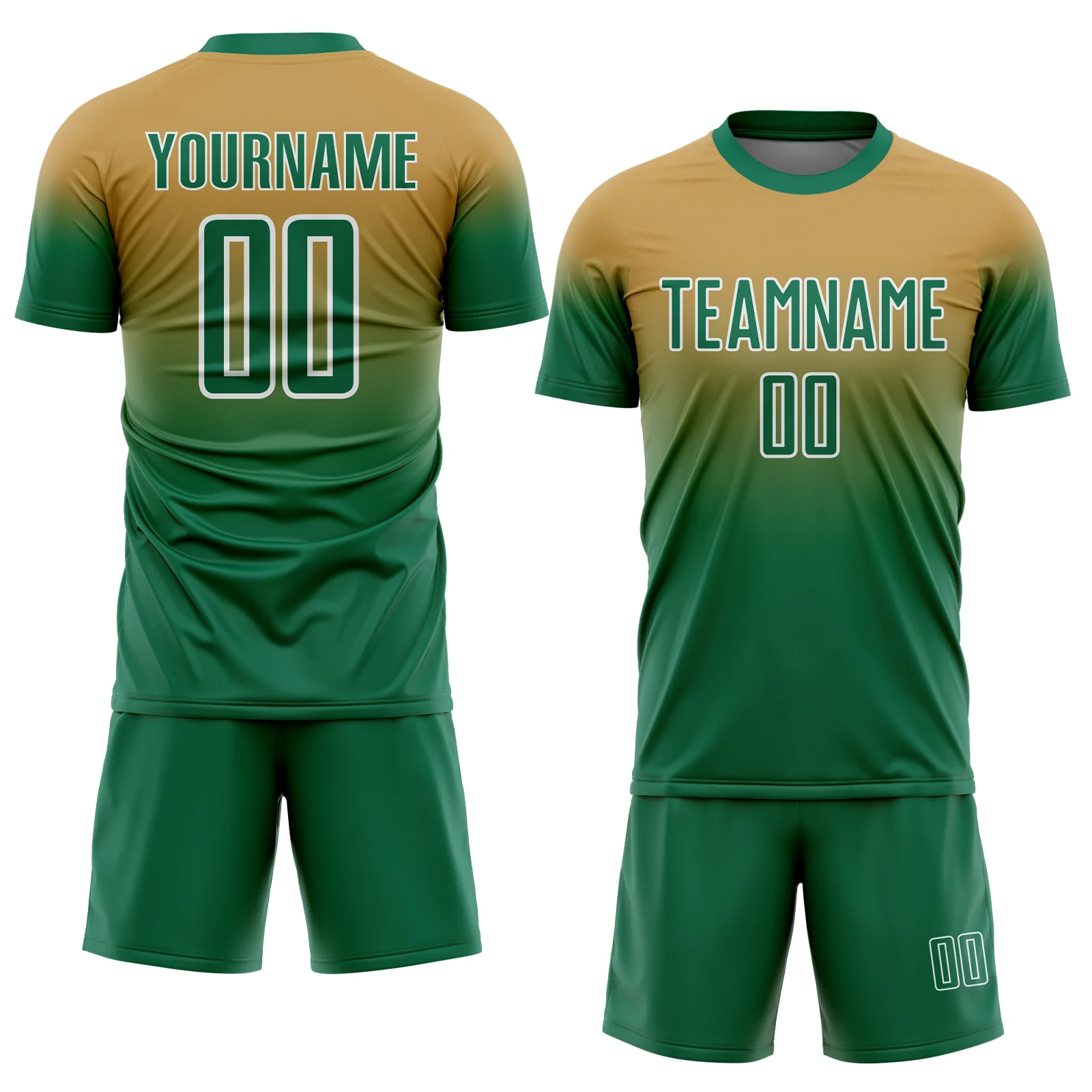 Custom Old Gold Kelly Green-White Fade Fashion Sublimation Soccer Uniform Jersey - Image 2