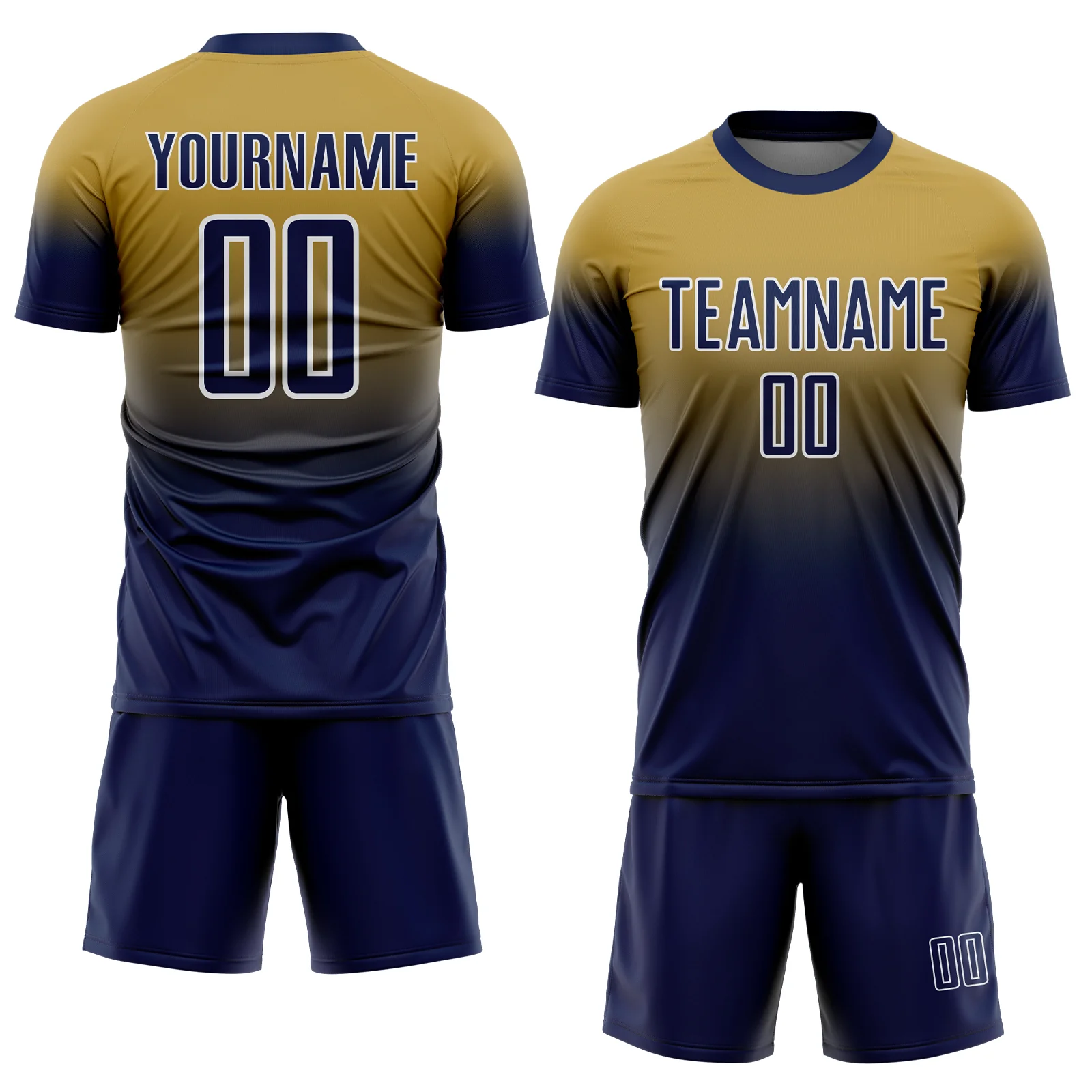 Custom Old Gold Navy-White Fade Fashion Sublimation Soccer Uniform Jersey - Image 2