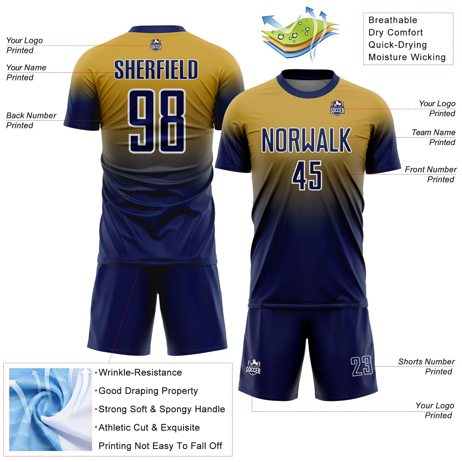 Custom Old Gold Navy-White Fade Fashion Sublimation Soccer Uniform Jersey - Image 4