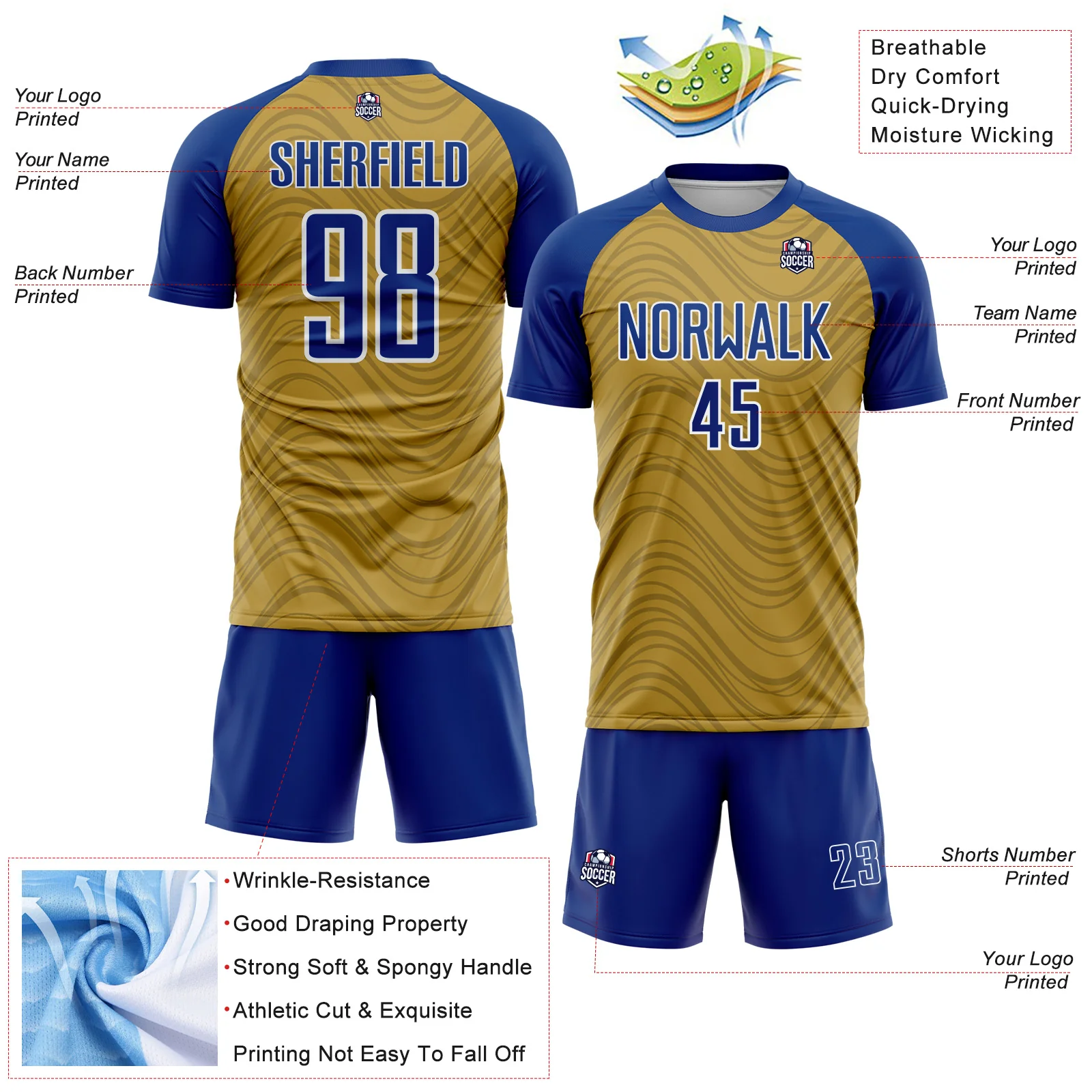 Custom Old Gold Royal-White Wavy Lines Sports Sublimation Soccer Uniform Jersey - Image 4