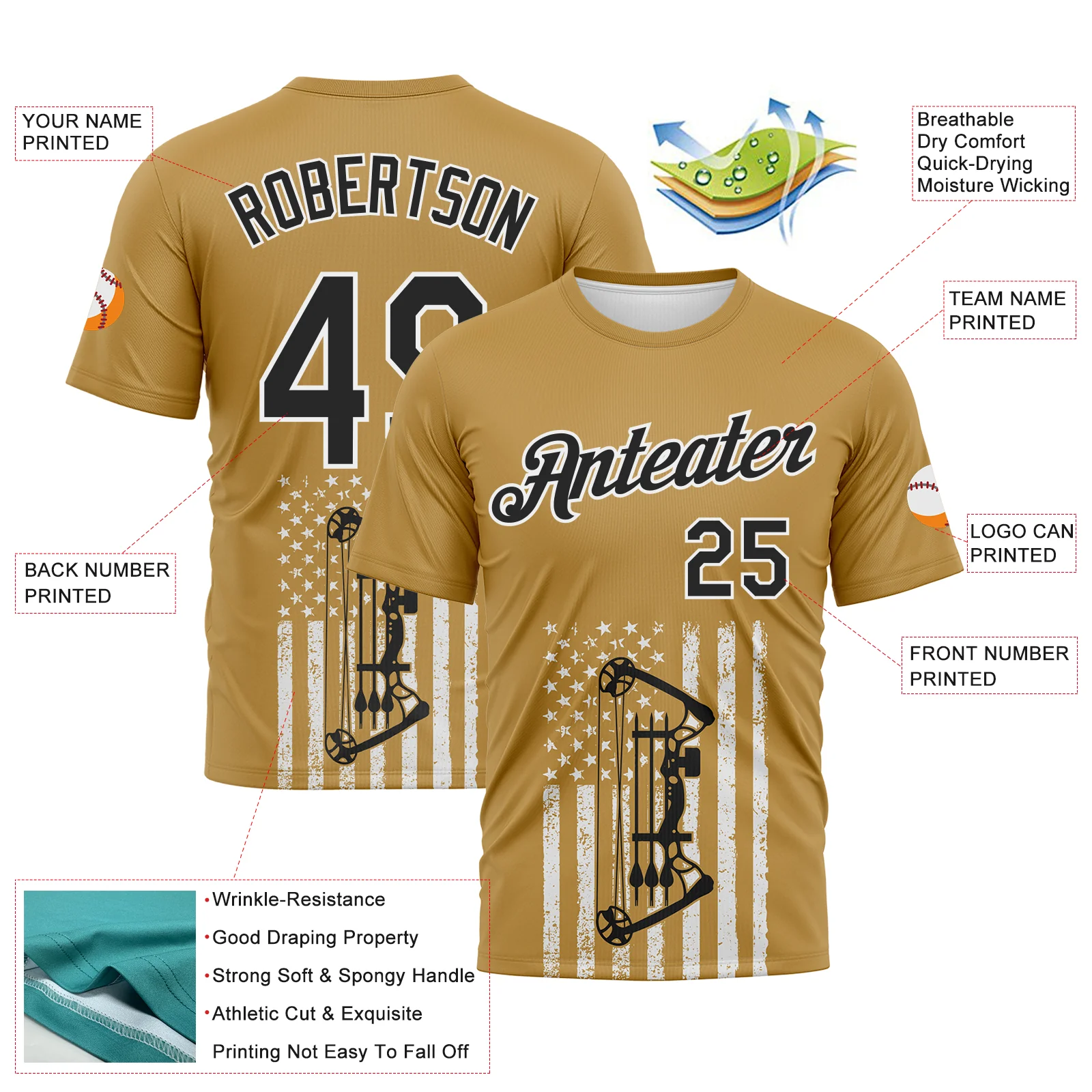 Custom Old Gold Black-White 3D Pattern Design Arrow Archery Bow Target American Flag Performance T-Shirt - Image 2