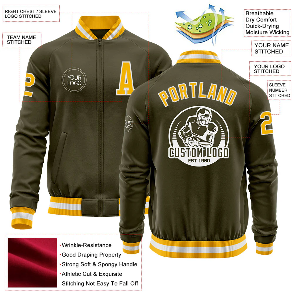 Custom Olive Gold-White Bomber Varsity Letterman Salute To Service Zipper Jacket - Image 4