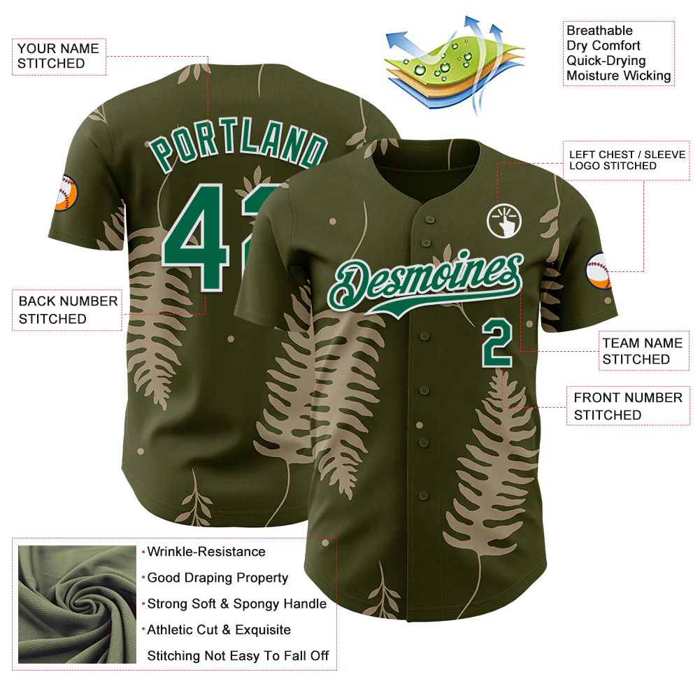 Custom Olive Kelly Green-White Episodic Drawing Autumn Ferns Authentic Baseball Jersey - Image 3