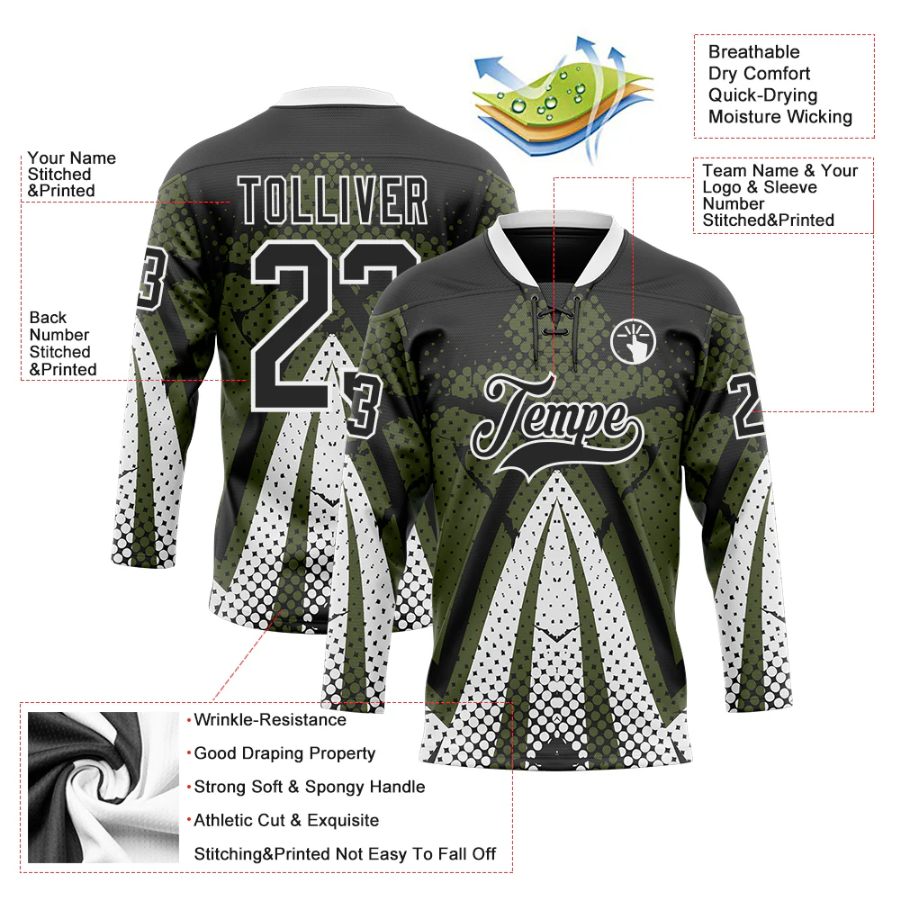 Custom Olive Black-White 3D Pattern Abstract Hockey Lace Neck Jersey - Image 3
