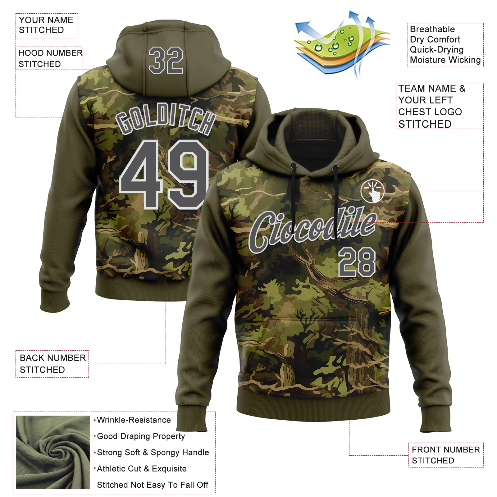 Custom Stitched Olive Steel Gray-White 3D Pattern Design Tree Camo Hunting Sports Pullover Sweatshirt Salute To Service Hoodie - Image 2