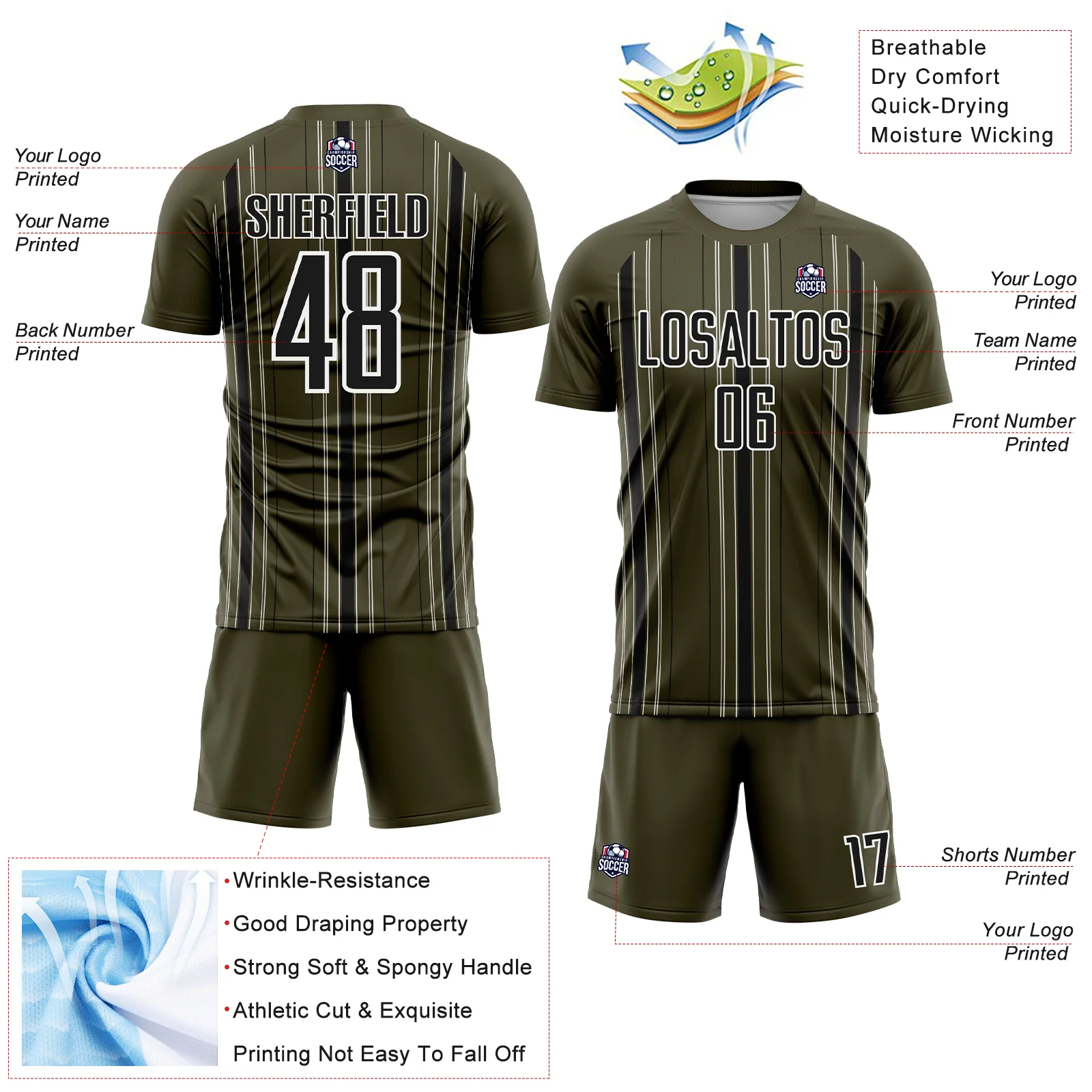 Custom Olive Black-White Stripe Sublimation Salute To Service Soccer Uniform Jersey - Image 4